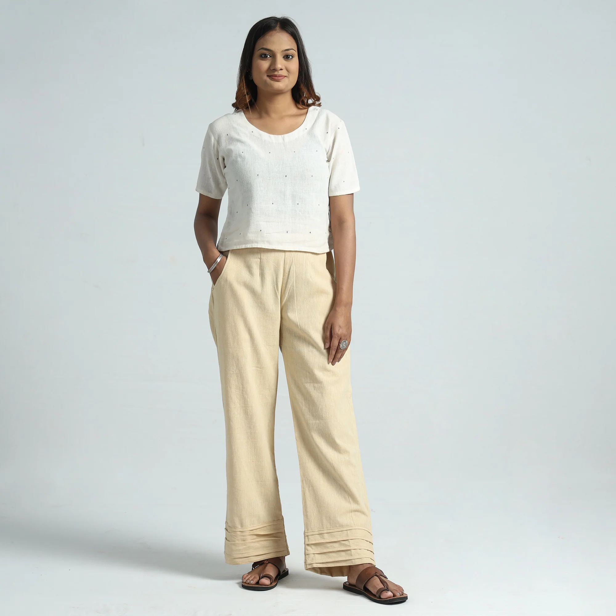 Beige - Plain Handloom Jhiri Cotton Elasticated Palazzo 12 - Image 2