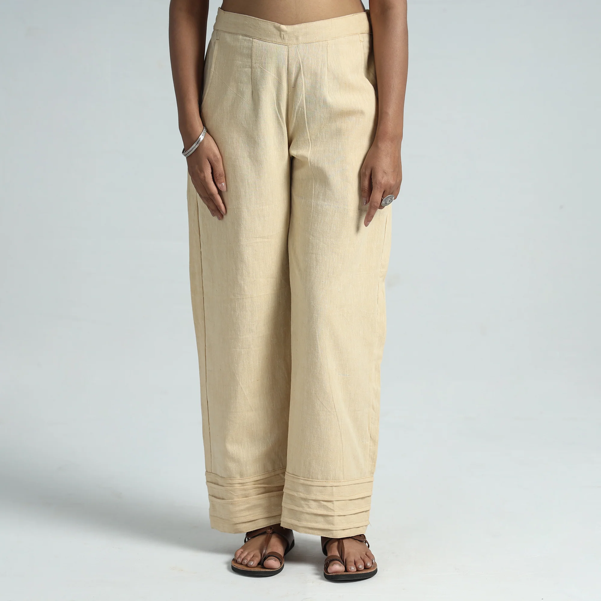 Beige - Plain Handloom Jhiri Cotton Elasticated Palazzo 12 - Image 3