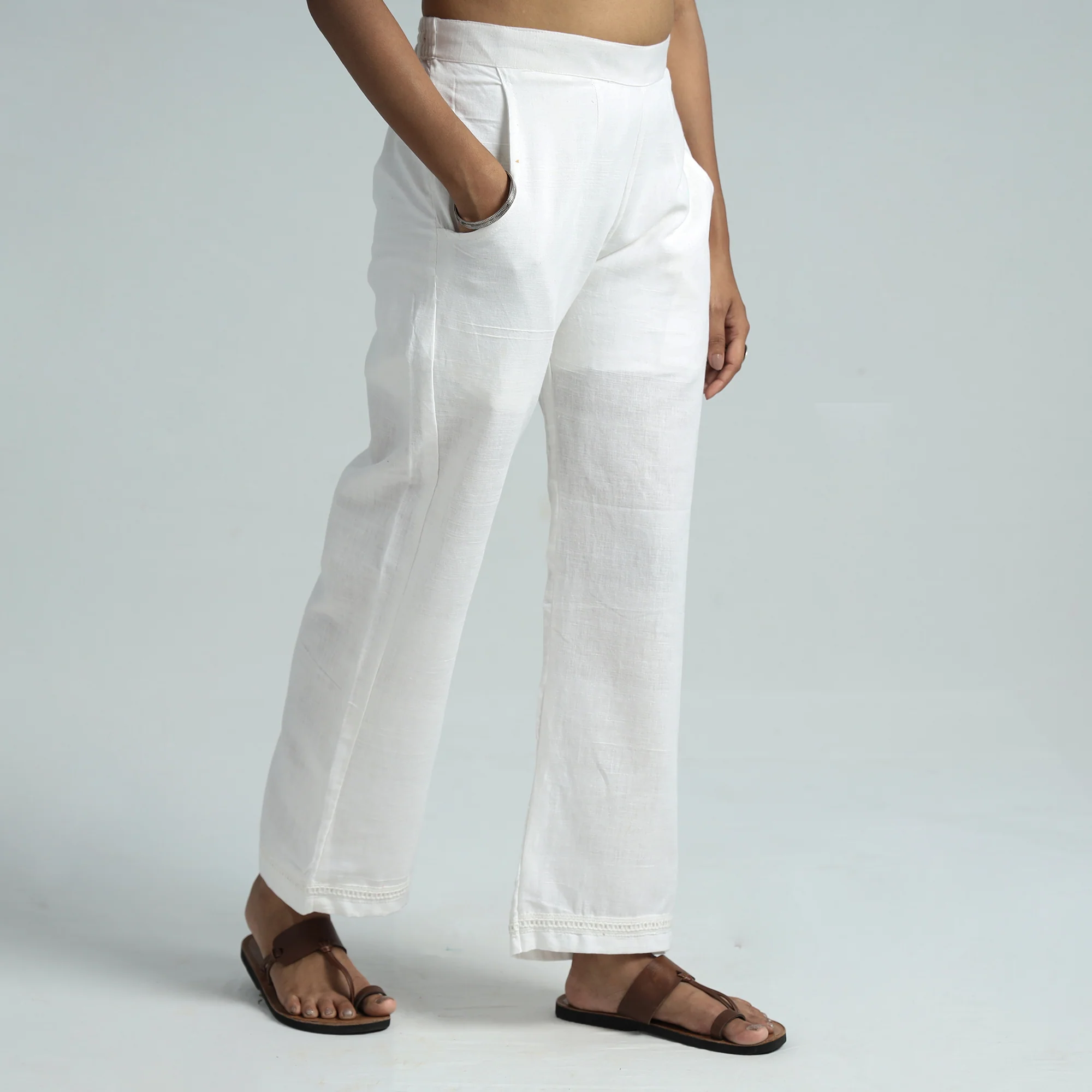 White - Plain Flex Cotton Elasticated Palazzo with Lace Work 03