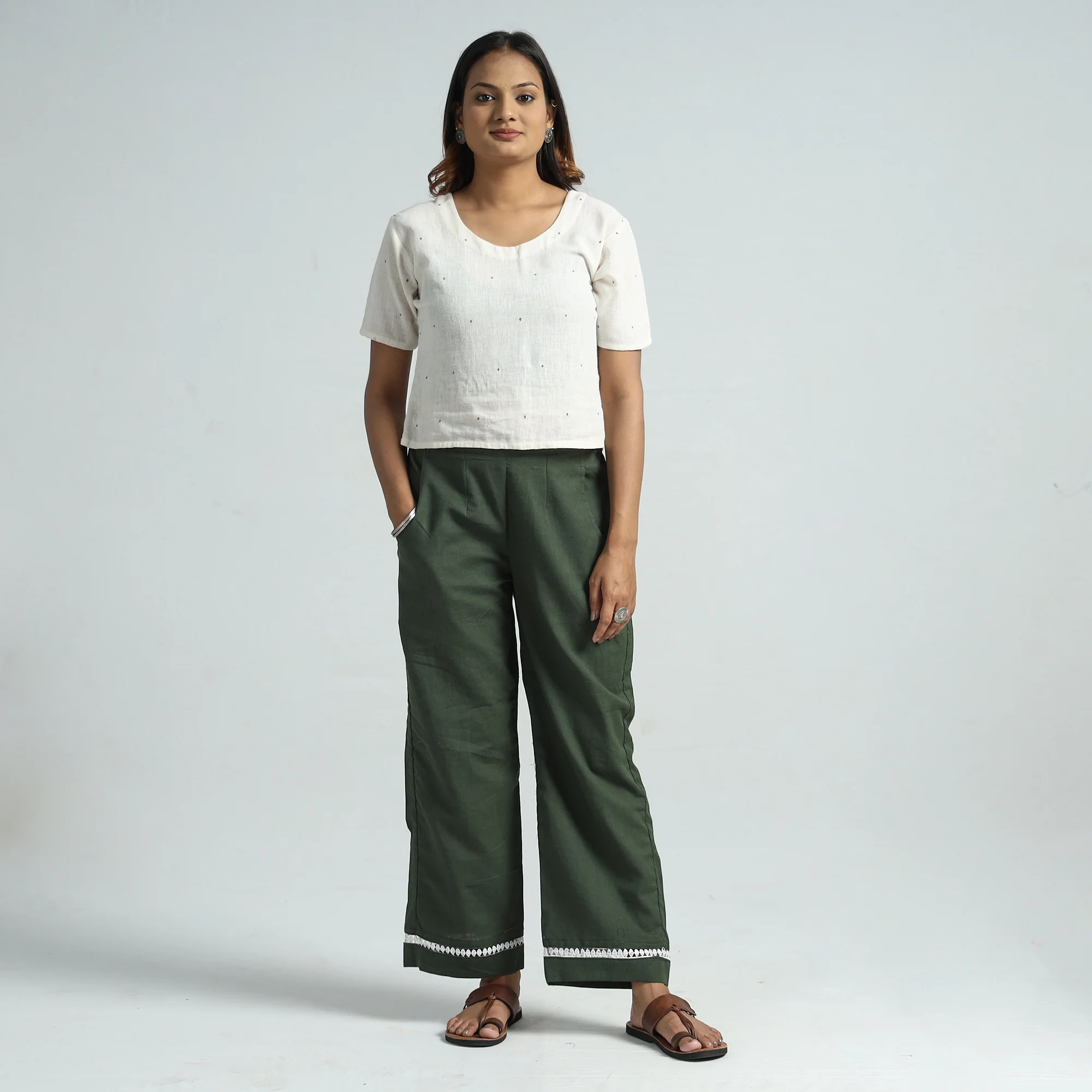 Dark Green - Plain Flex Cotton Elasticated Palazzo with Lace Work 04 - Image 2