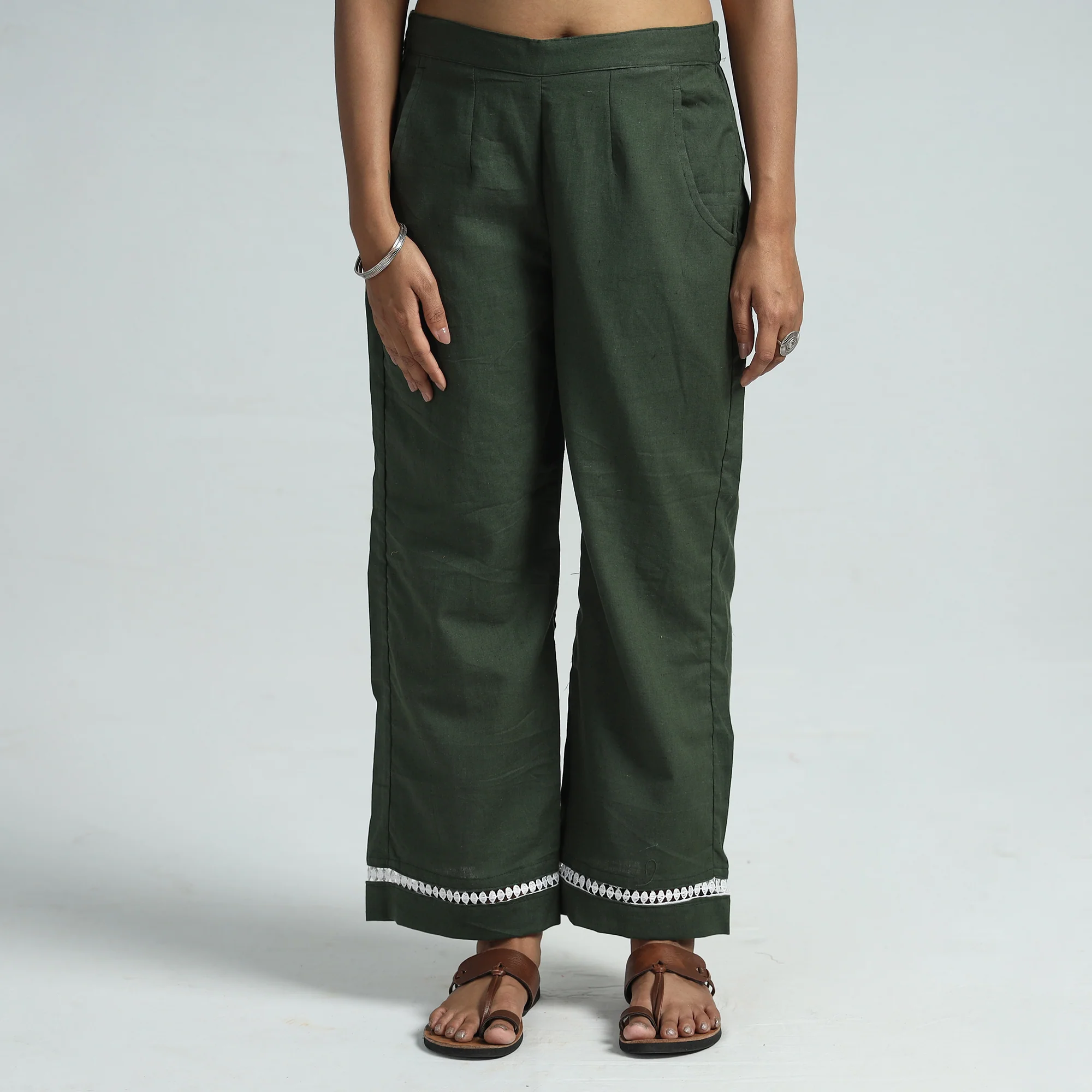 Dark Green - Plain Flex Cotton Elasticated Palazzo with Lace Work 04 - Image 3