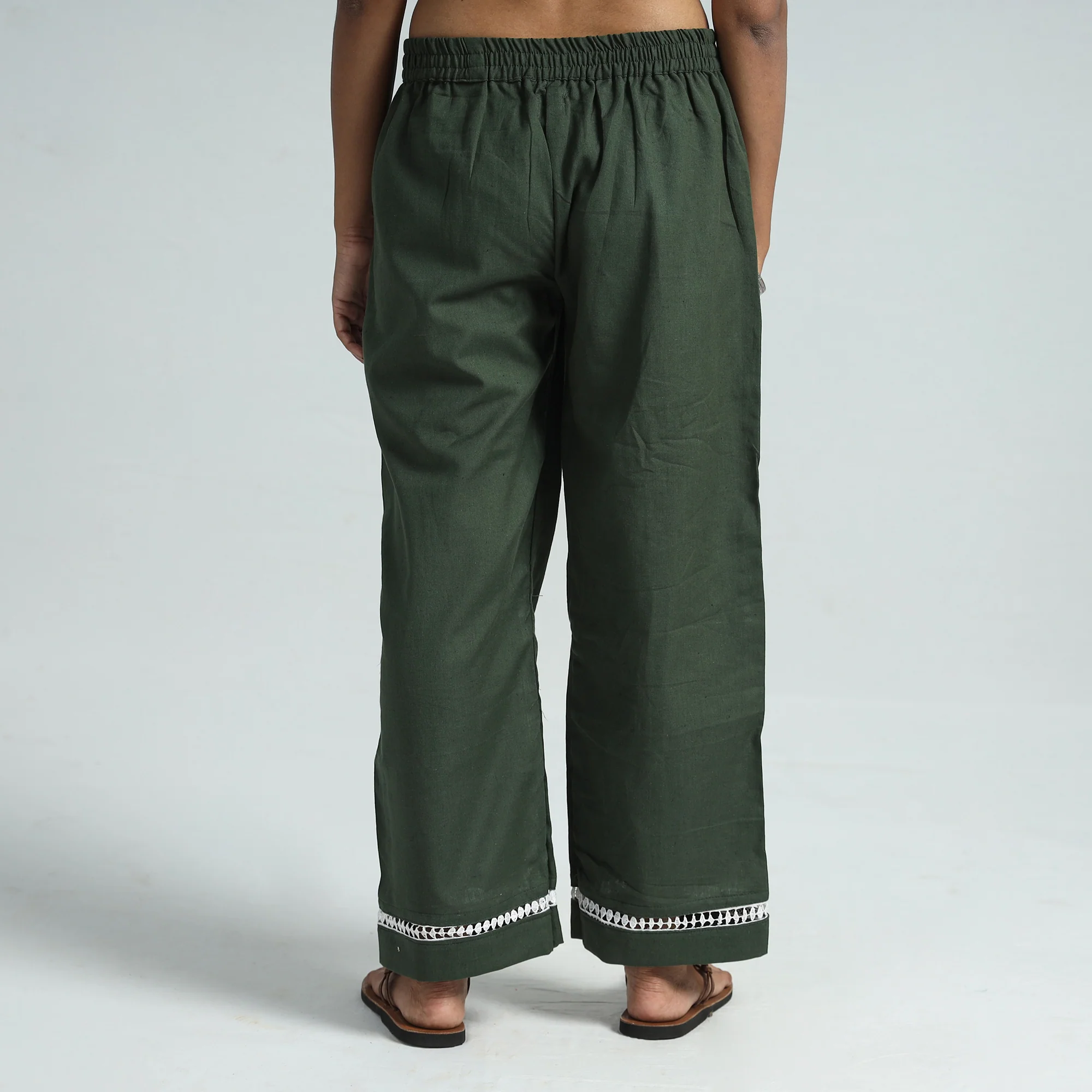 Dark Green - Plain Flex Cotton Elasticated Palazzo with Lace Work 04 - Image 5