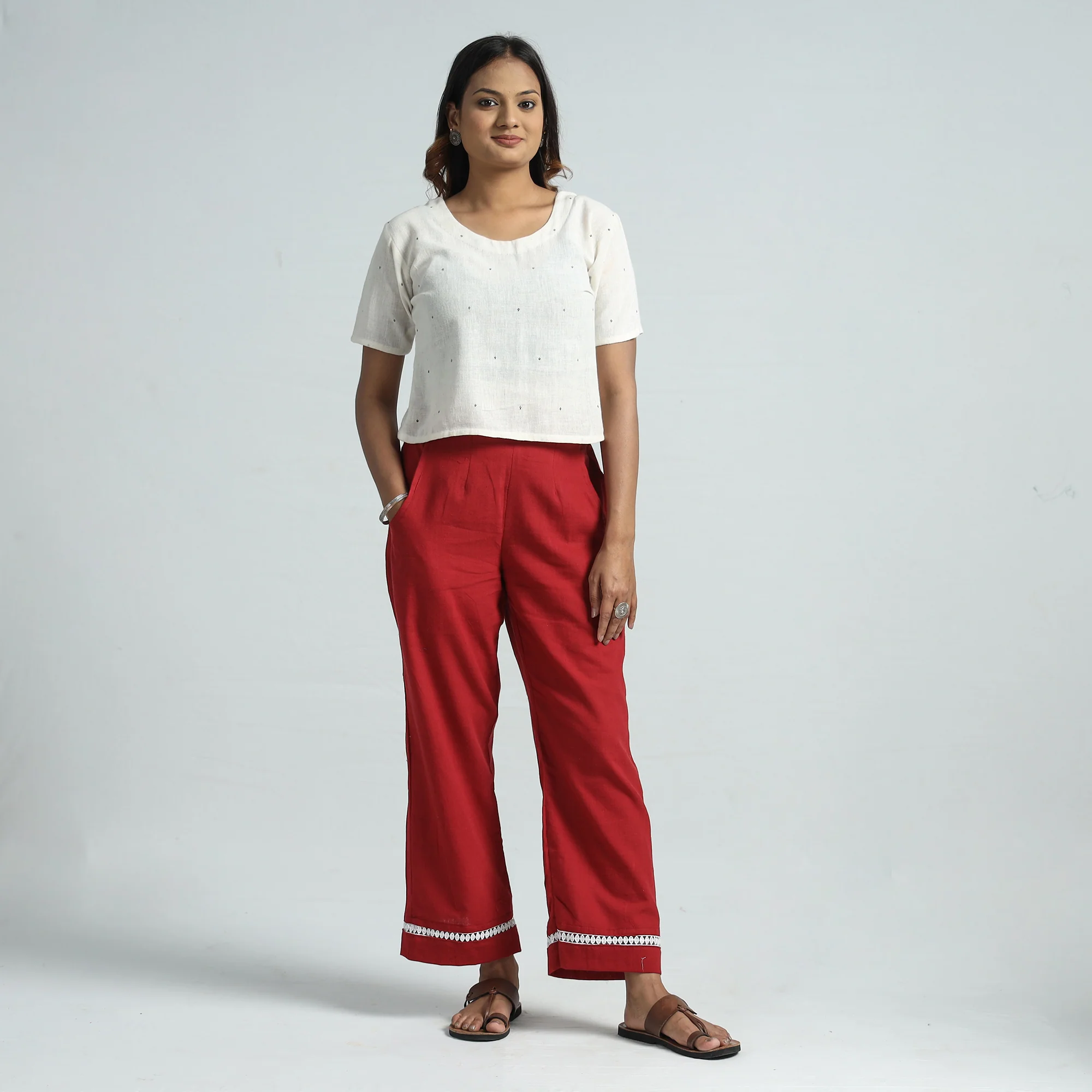 Red - Plain Flex Cotton Elasticated Palazzo with Lace Work 05 - Image 2