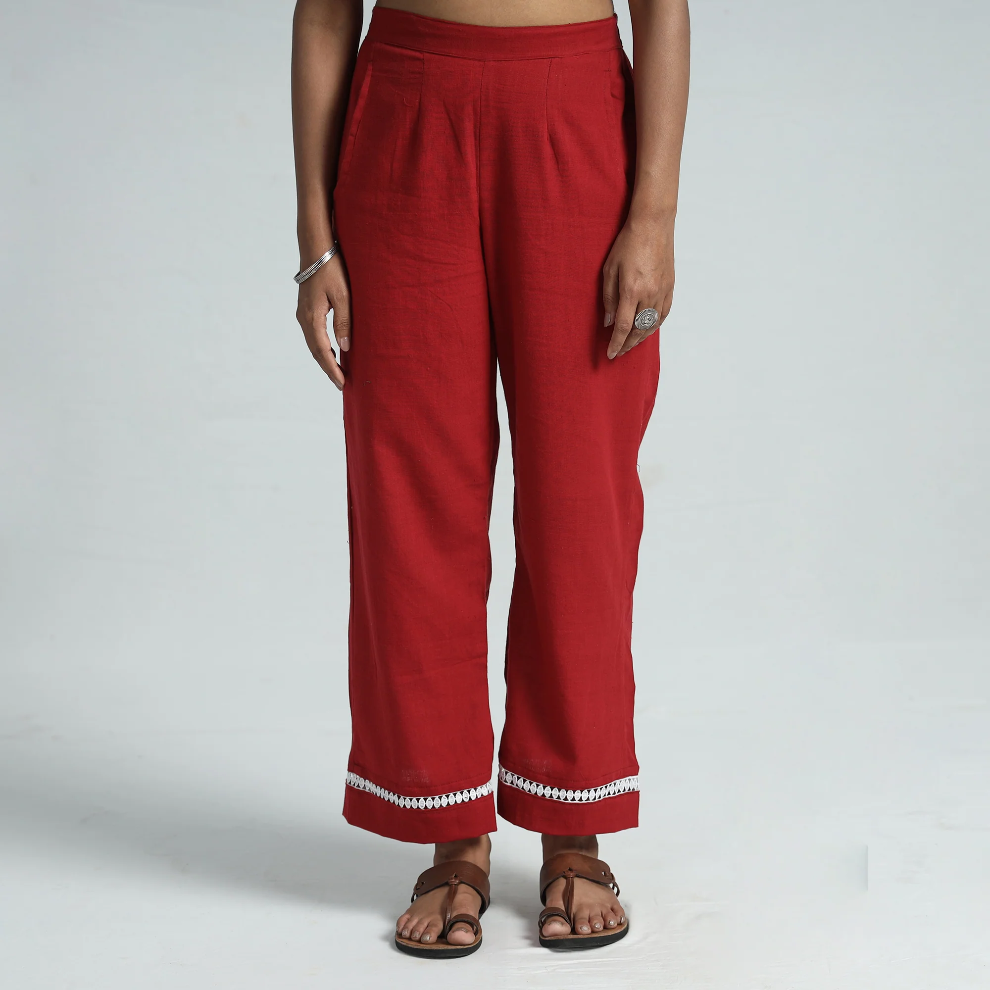 Red - Plain Flex Cotton Elasticated Palazzo with Lace Work 05 - Image 3