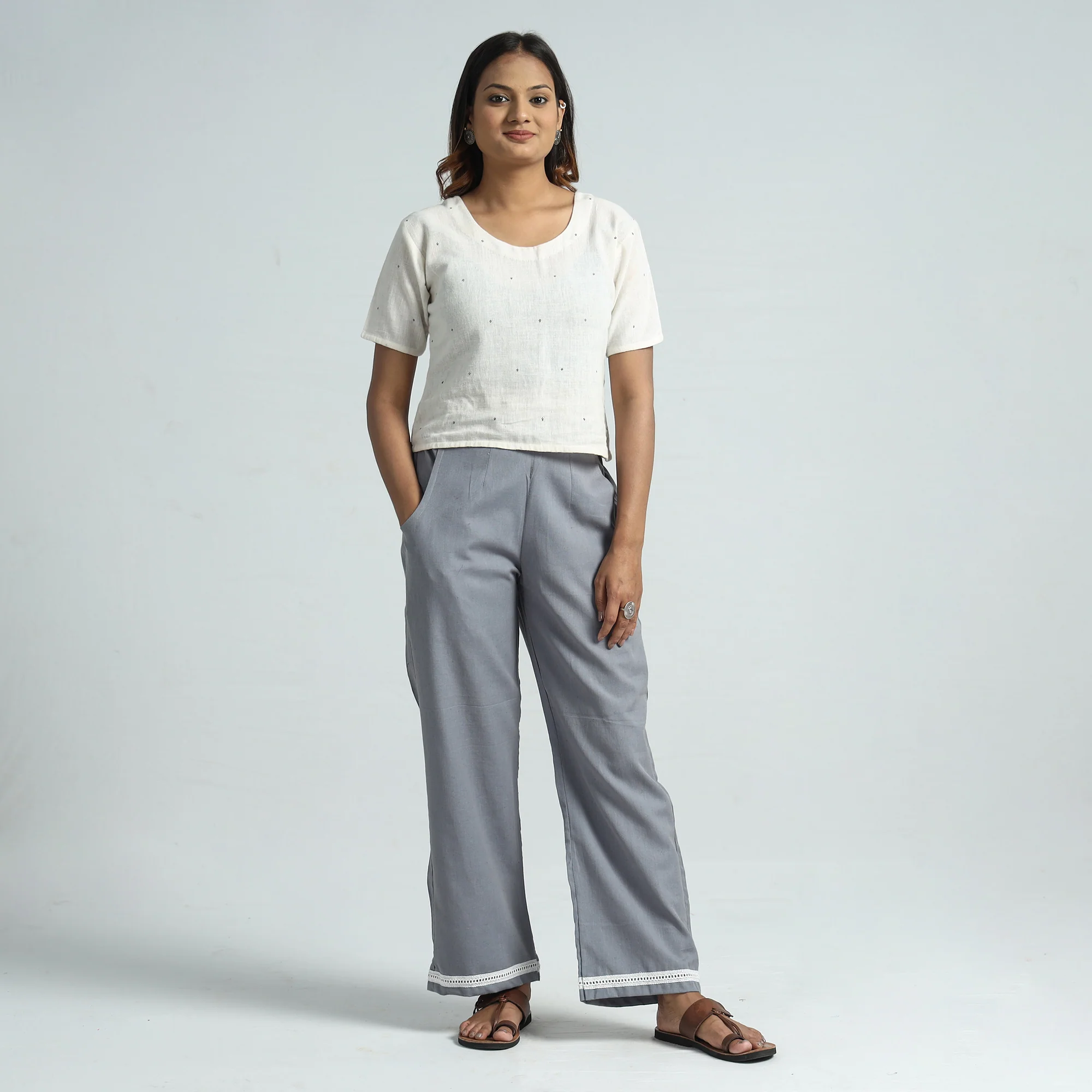 Grey - Plain Flex Cotton Elasticated Palazzo with Lace Work 07 - Image 2