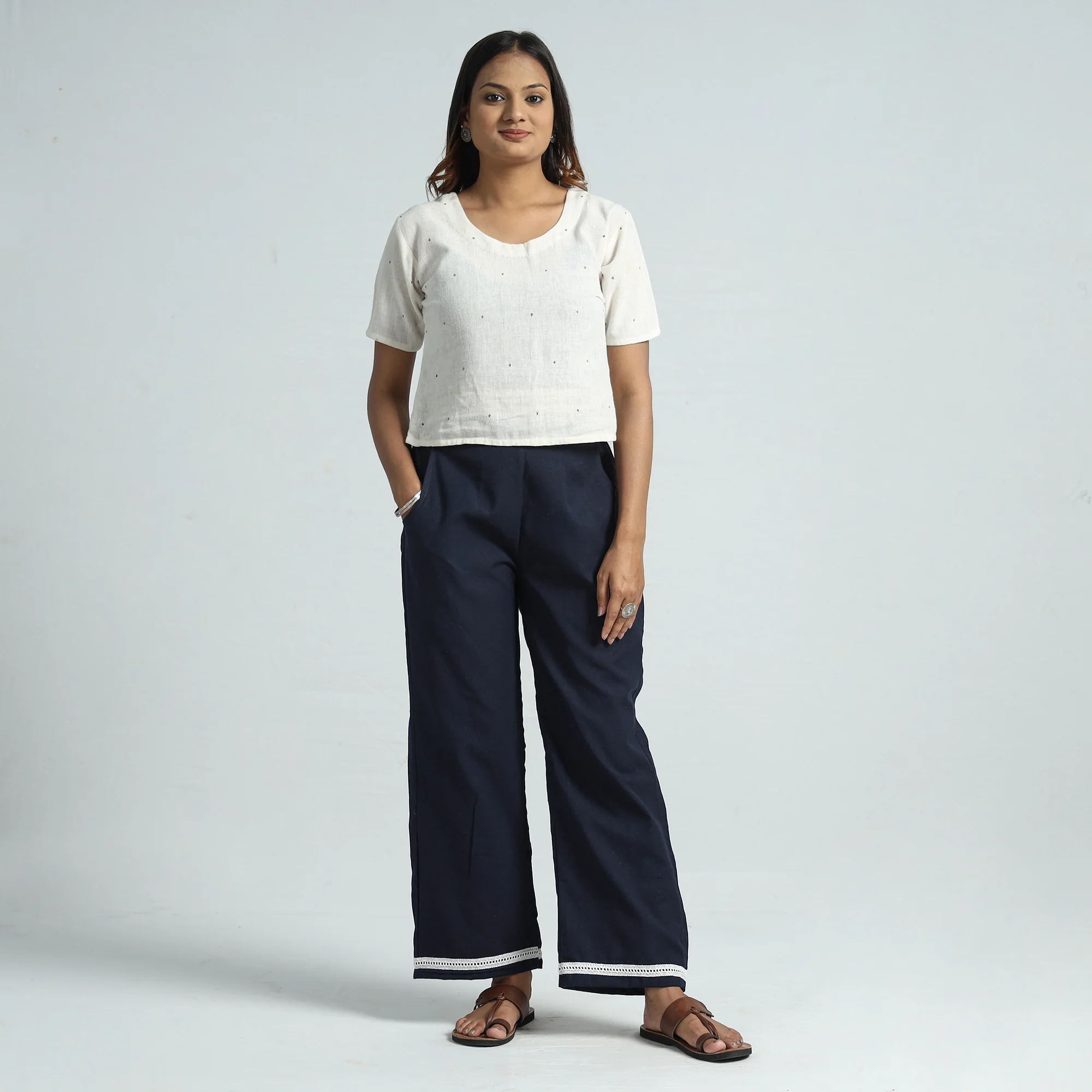 Navy Blue - Plain Flex Cotton Elasticated Palazzo with Lace Work 08 - Image 2