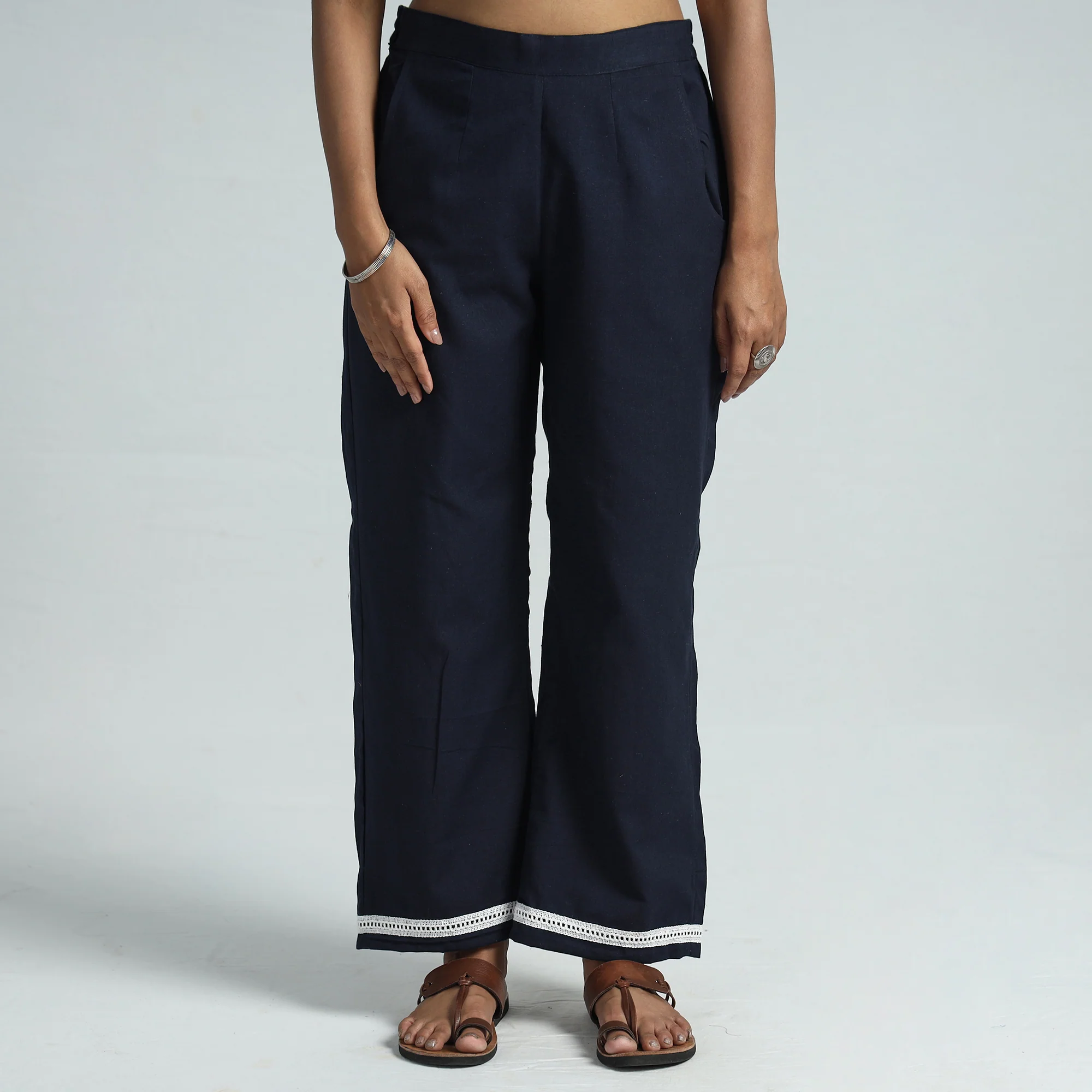 Navy Blue - Plain Flex Cotton Elasticated Palazzo with Lace Work 08 - Image 3