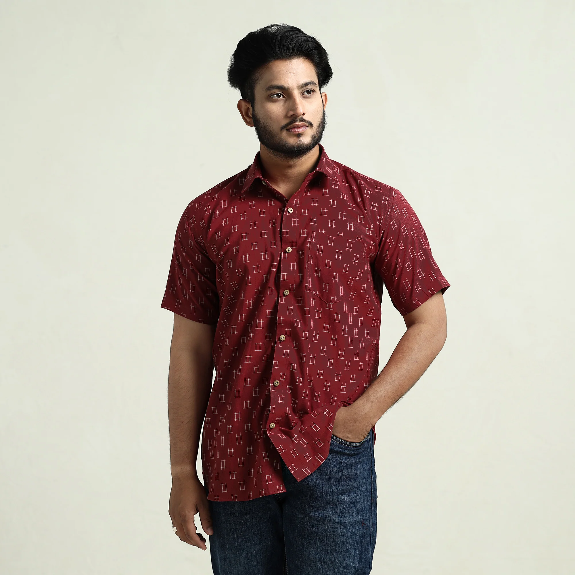 Maroon - Pochampally Double Ikat Handloom Cotton Men Half Sleeve Shirt 19