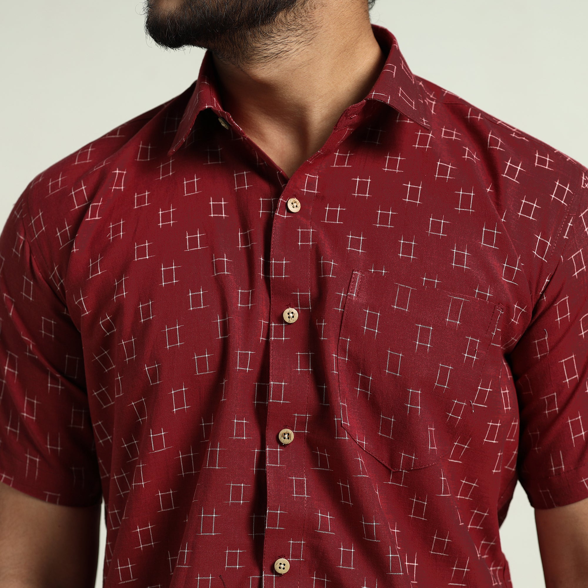 Maroon - Pochampally Double Ikat Handloom Cotton Men Half Sleeve Shirt 19 - Image 6
