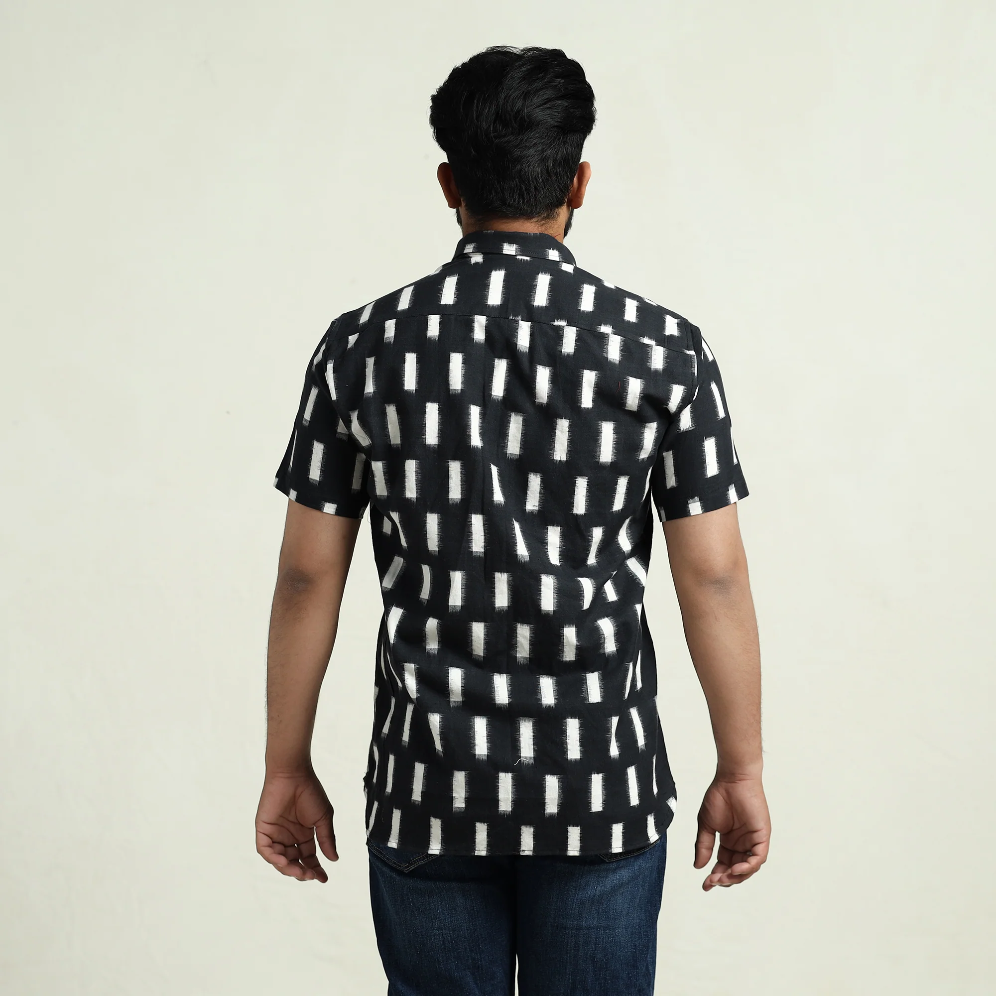 Black - Pochampally Double Ikat Handloom Cotton Men Half Sleeve Shirt 46 - Image 5