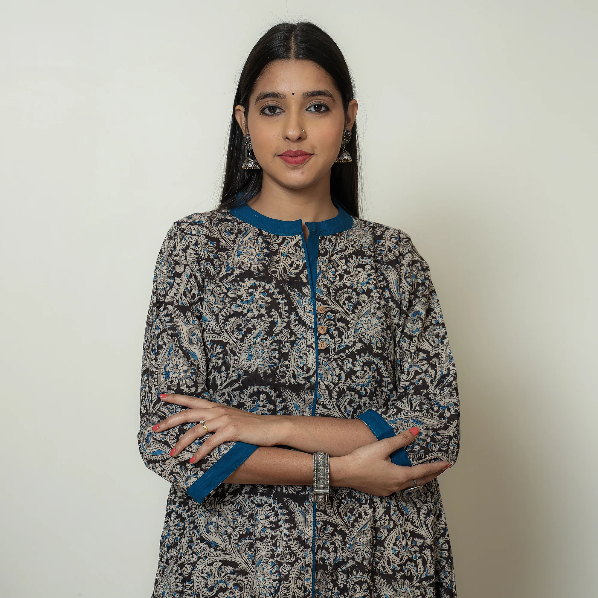 Black - Block Print Cotton A-Line Kalamkari Kurta 08