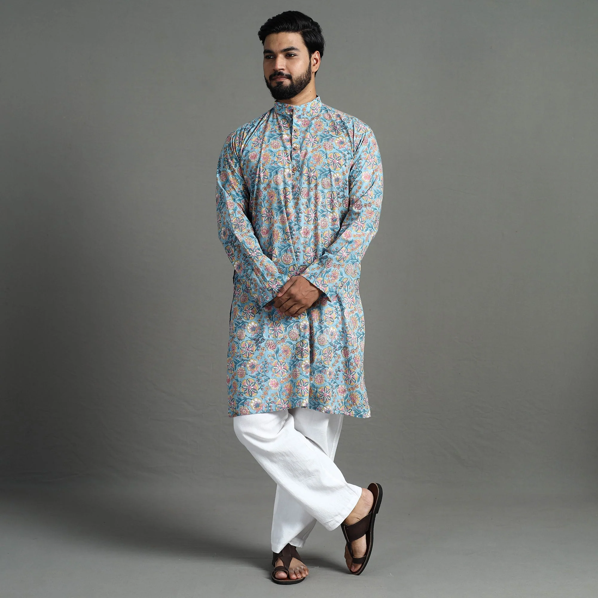 Sanganeri Block Printed Cotton Men Long Kurta 08 - Image 2