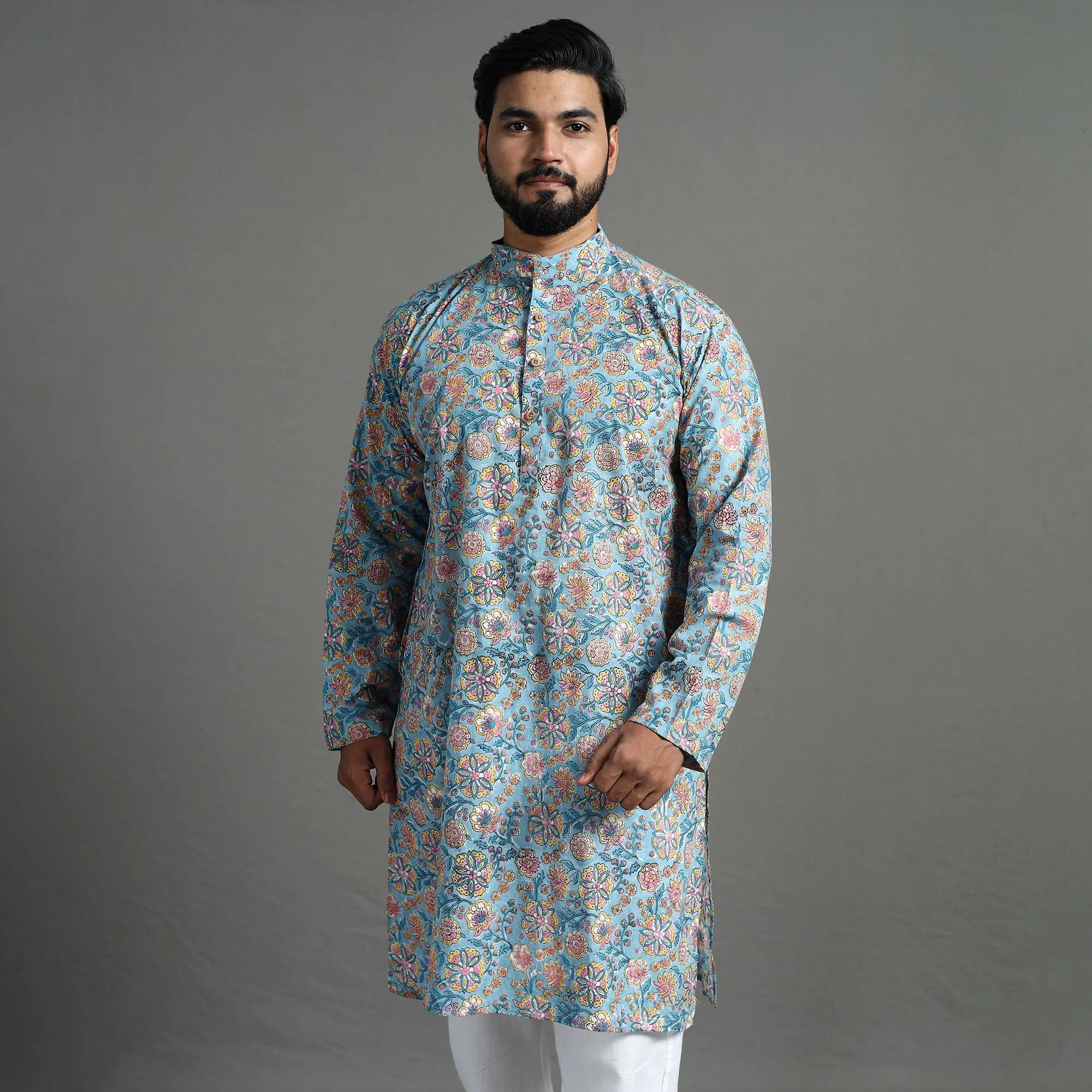 Sanganeri Block Printed Cotton Men Long Kurta 08 - Image 3
