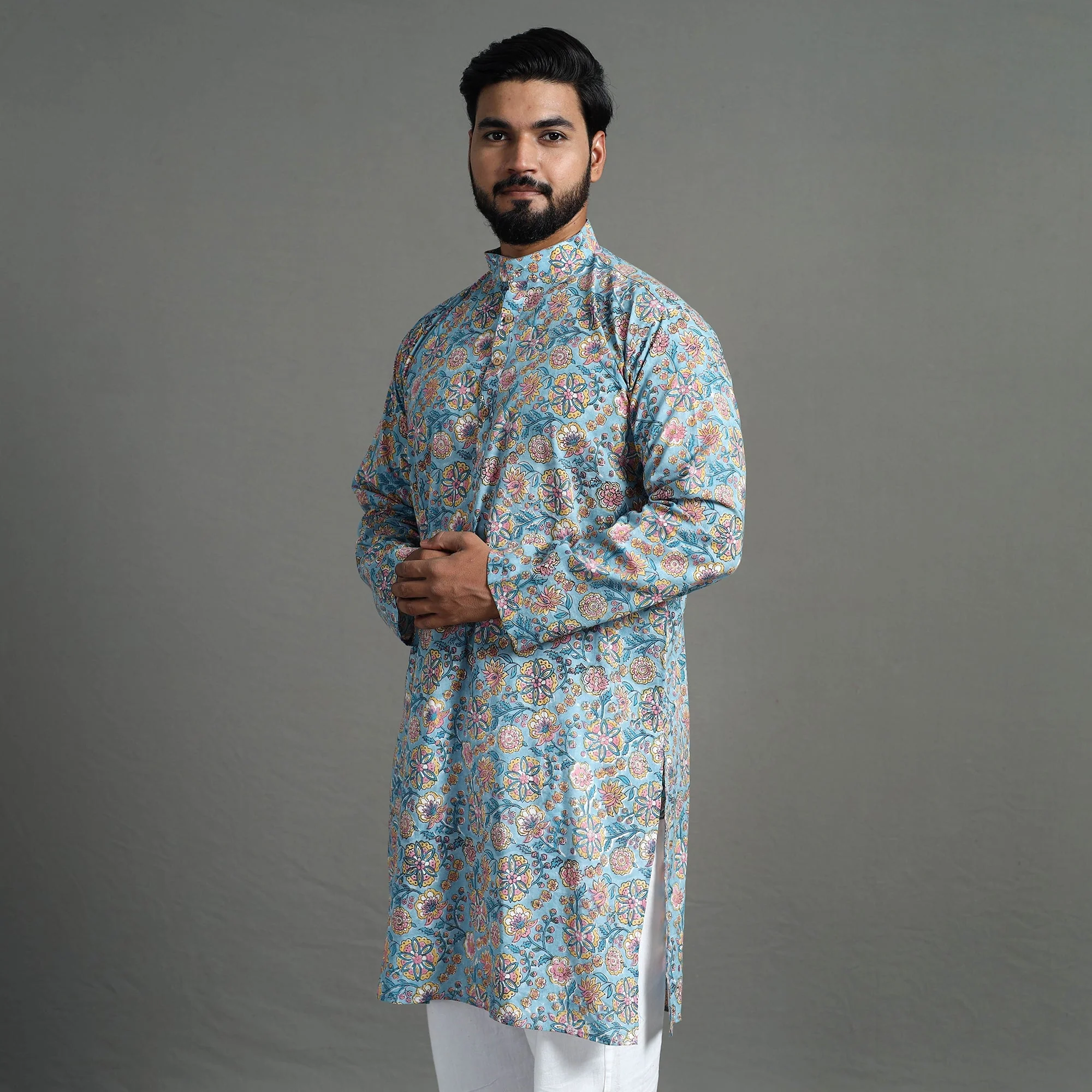 Sanganeri Block Printed Cotton Men Long Kurta 08 - Image 4