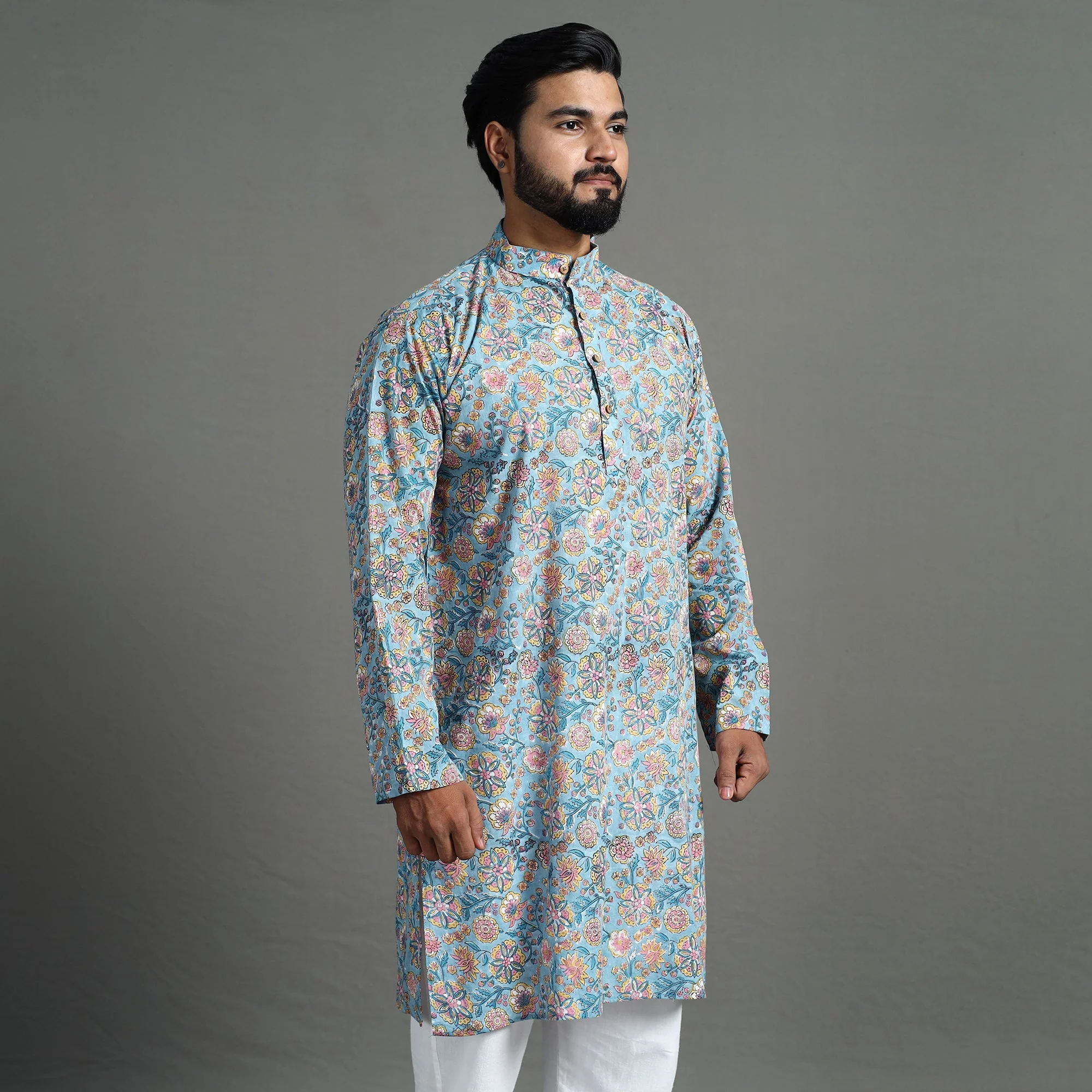 Sanganeri Block Printed Cotton Men Long Kurta 08 - Image 5
