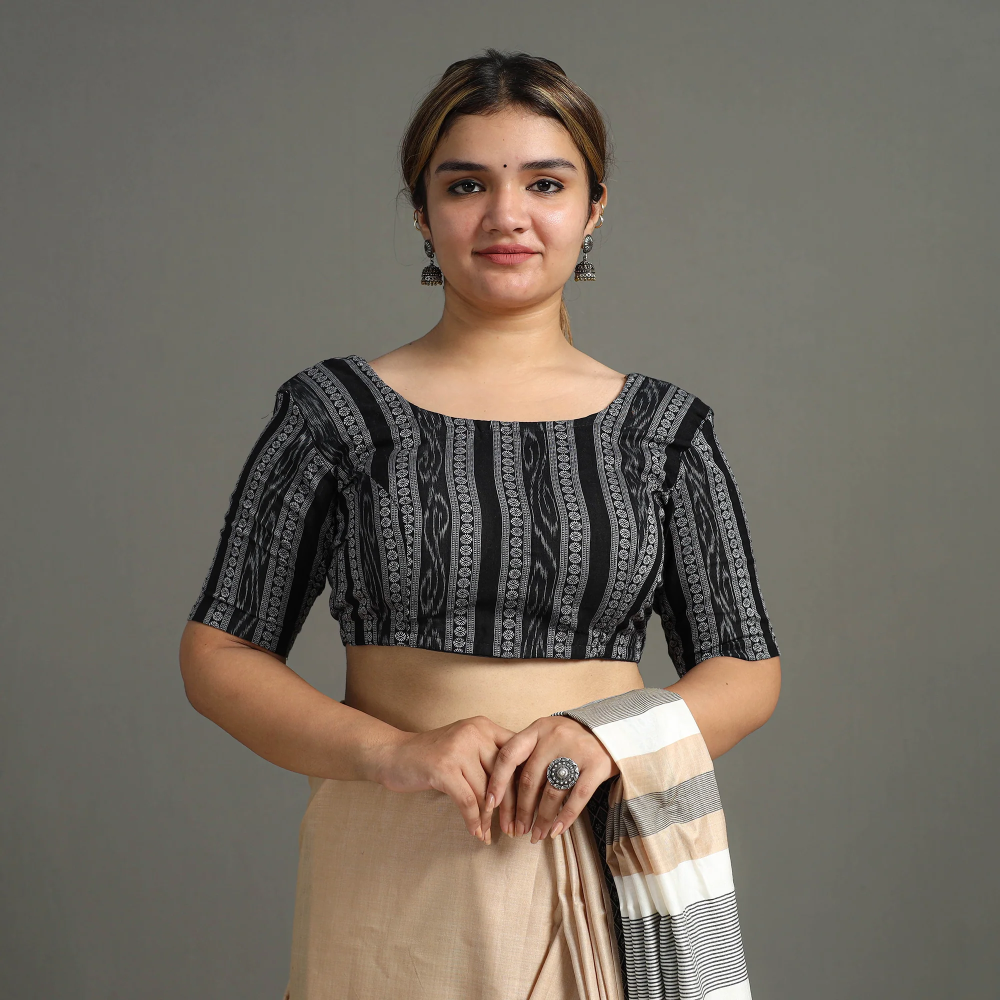 Black - Sambalpuri Cotton Stitched Ikat Blouse 04 - Image 2
