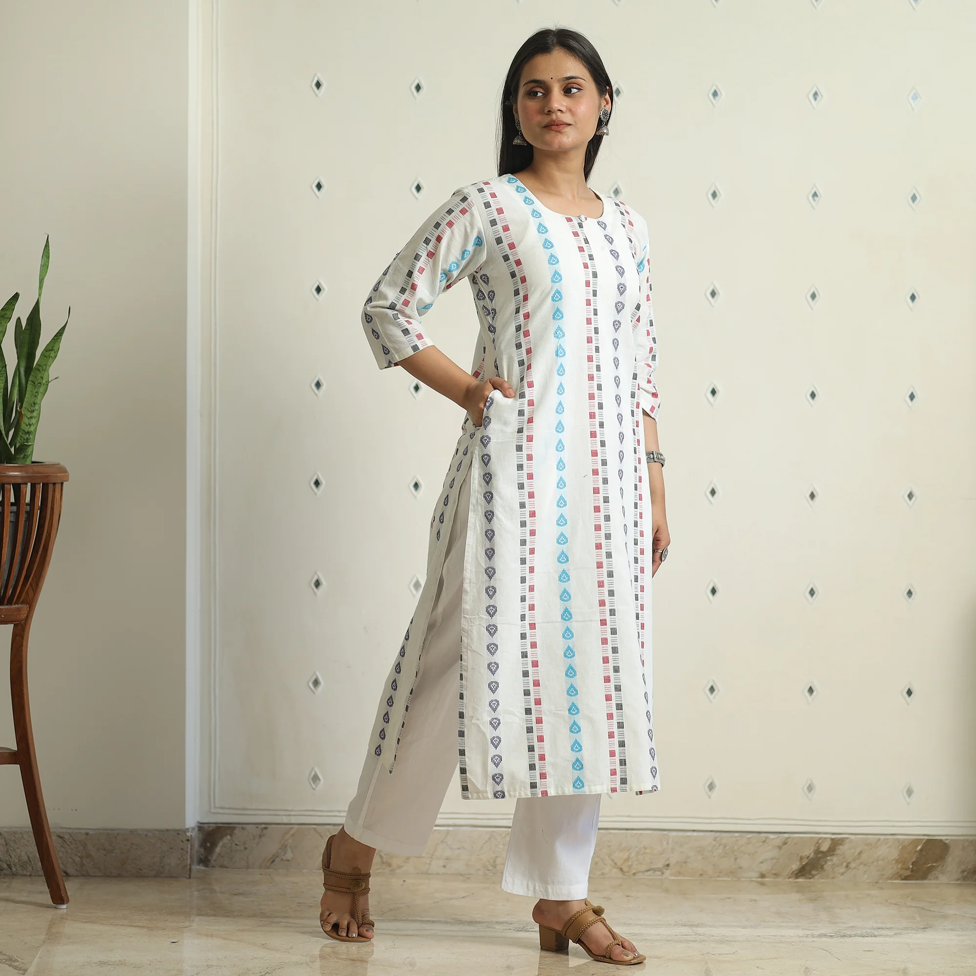 White - Jacquard Weave Cotton Straight Kurta 11 - Image 2