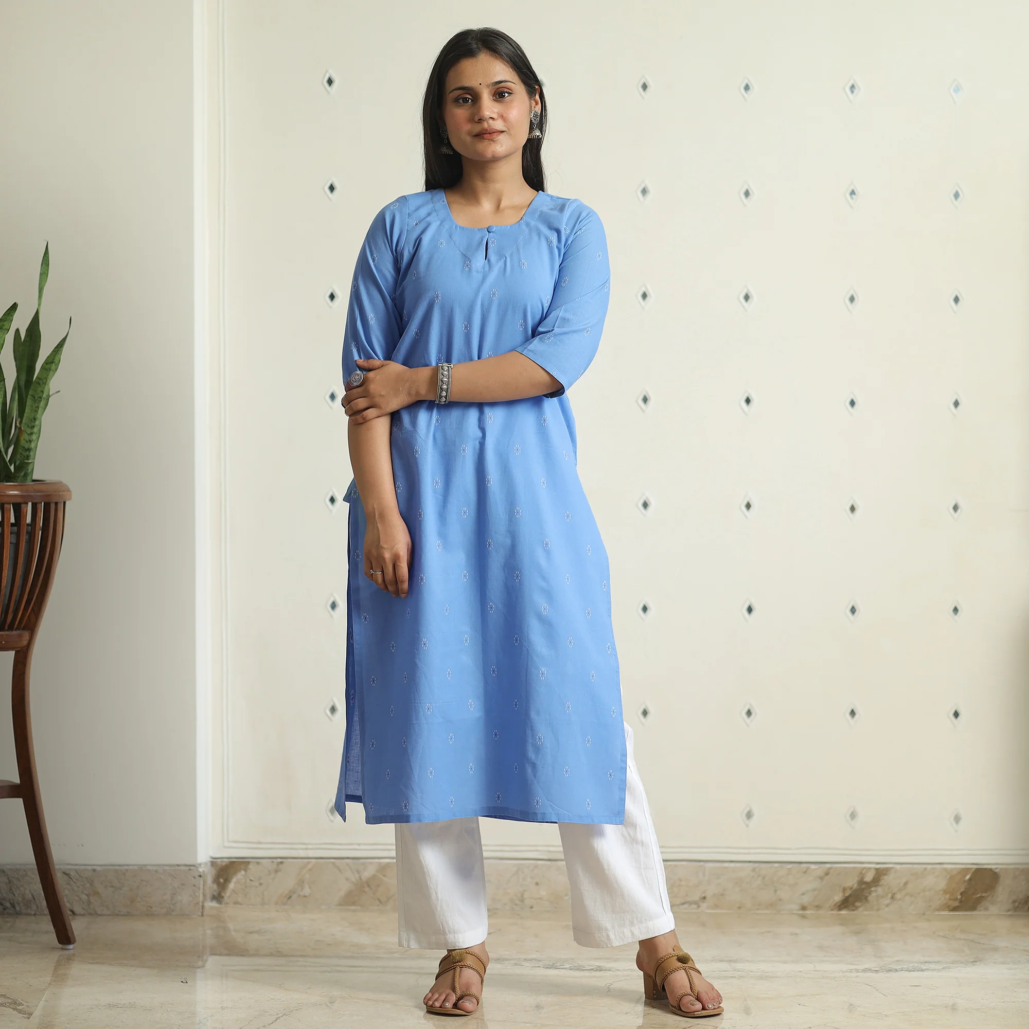 Blue - Jacquard Weave Cotton Straight Kurta 14