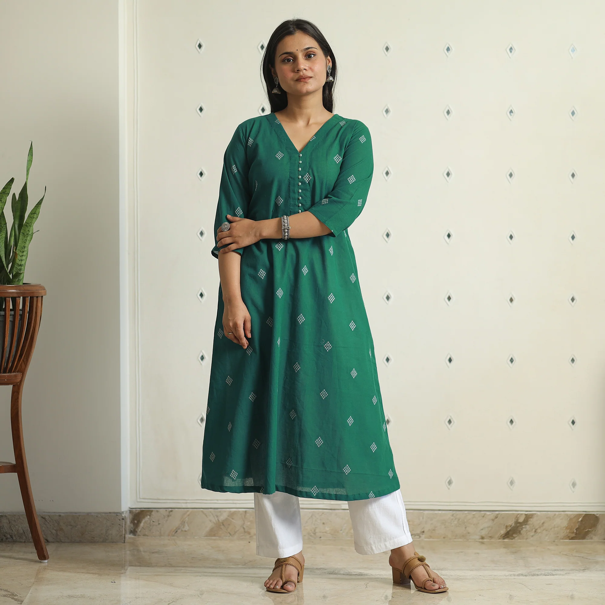 Green - Jacquard Weave Cotton A-Line Kurta 16