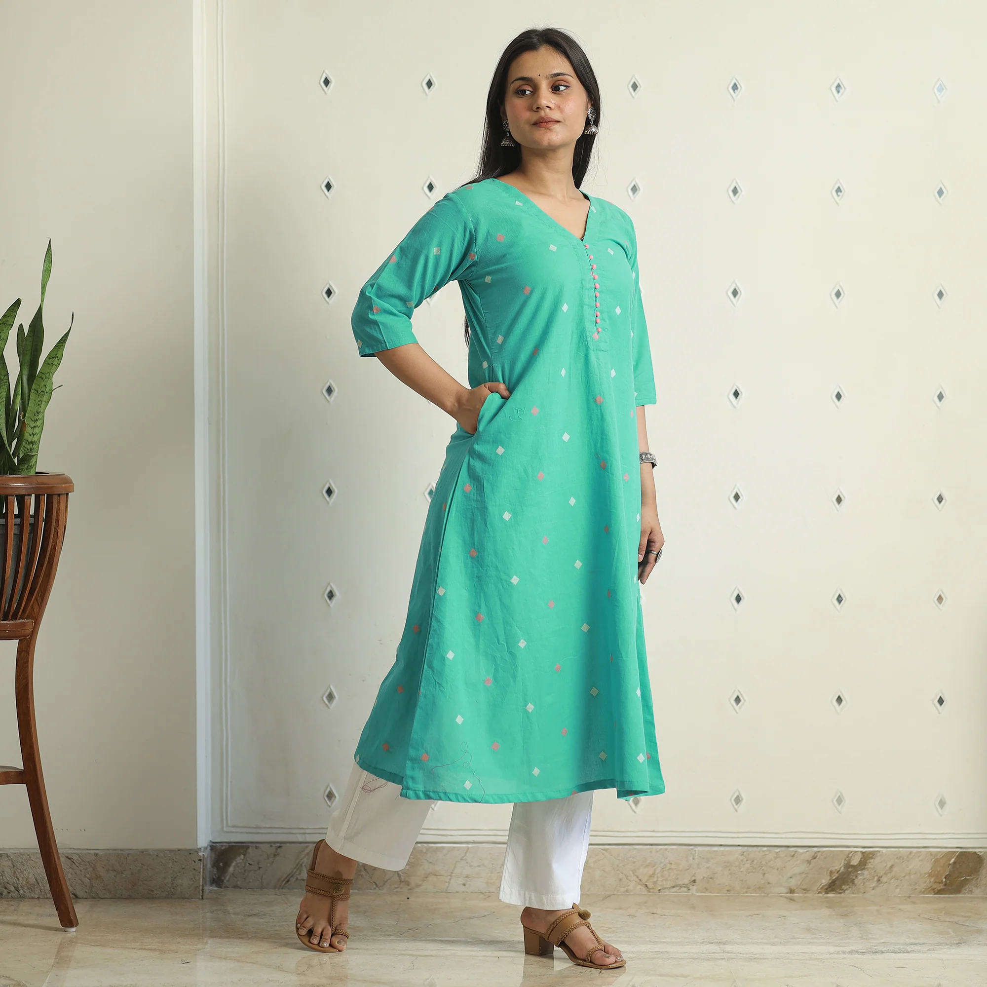 Green - Jacquard Weave Cotton A-Line Kurta 19 - Image 2