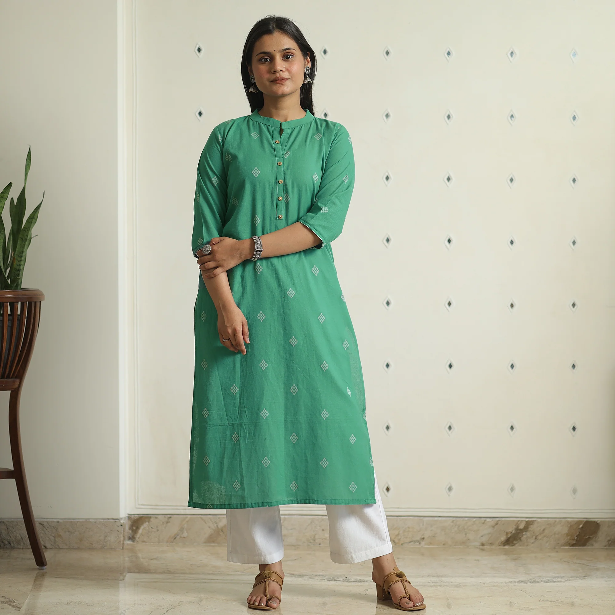 Green - Jacquard Weave Cotton Straight Kurta 04