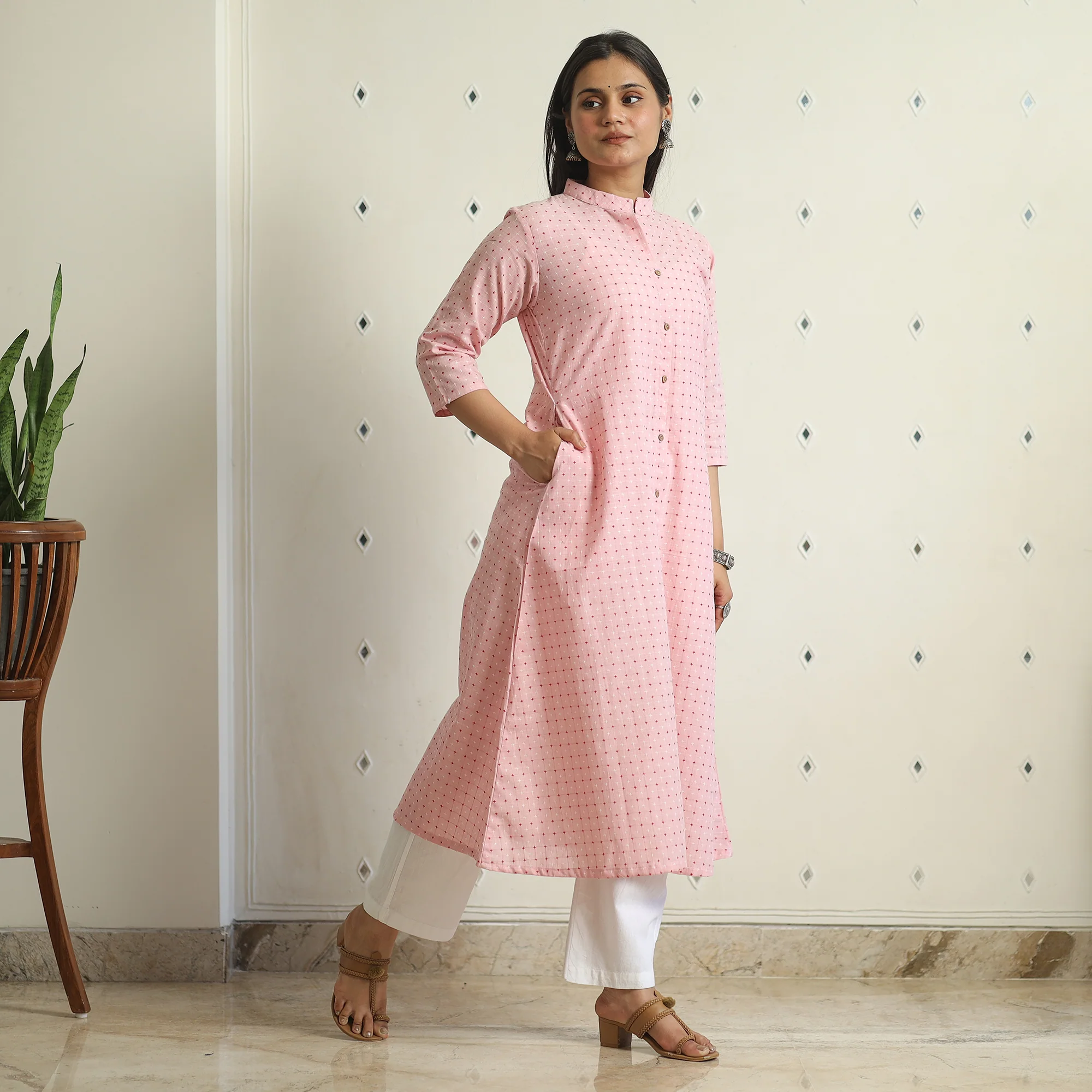 Pink - Jacquard Weave Cotton A-Line Kurta 06 - Image 2