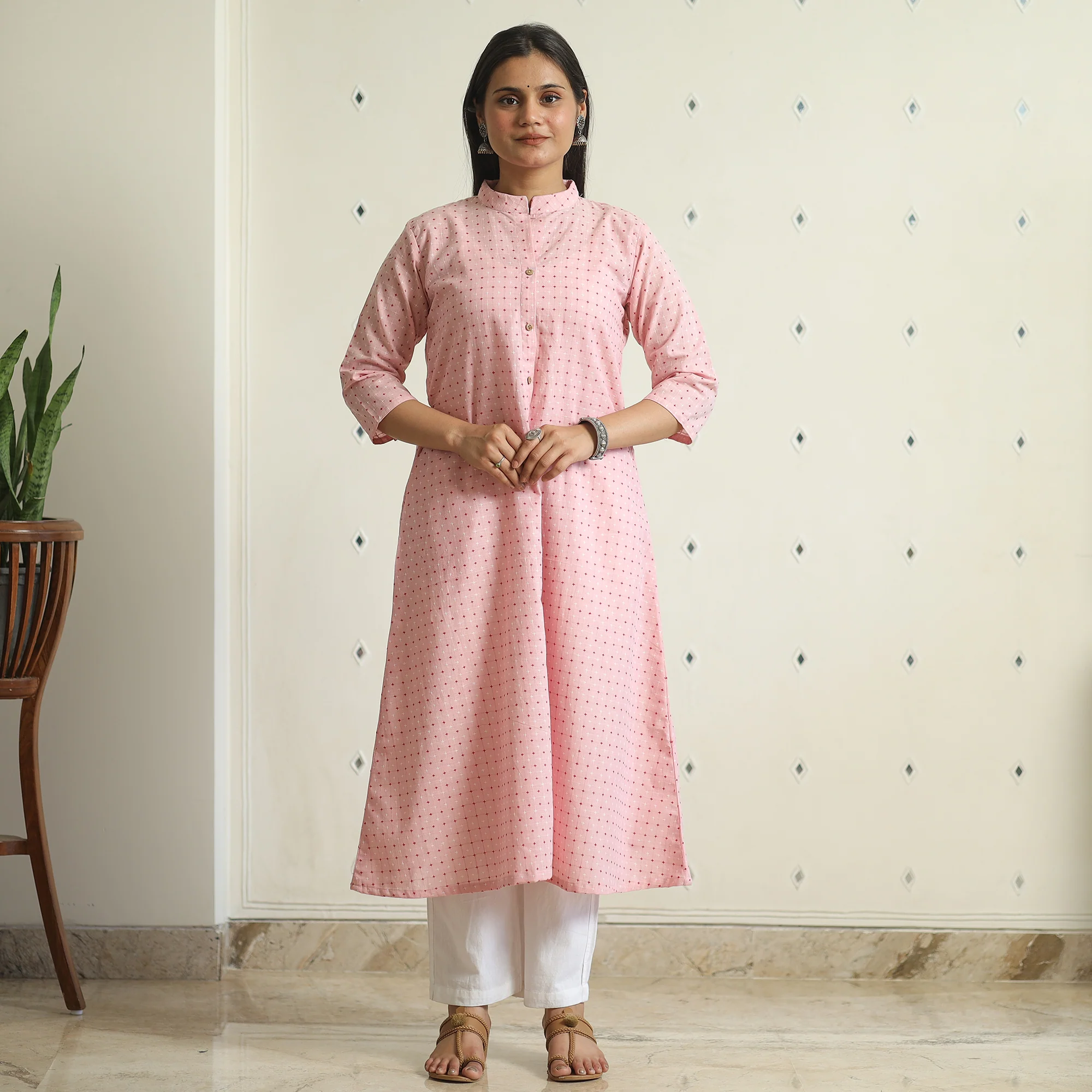 Pink - Jacquard Weave Cotton A-Line Kurta 06 - Image 3