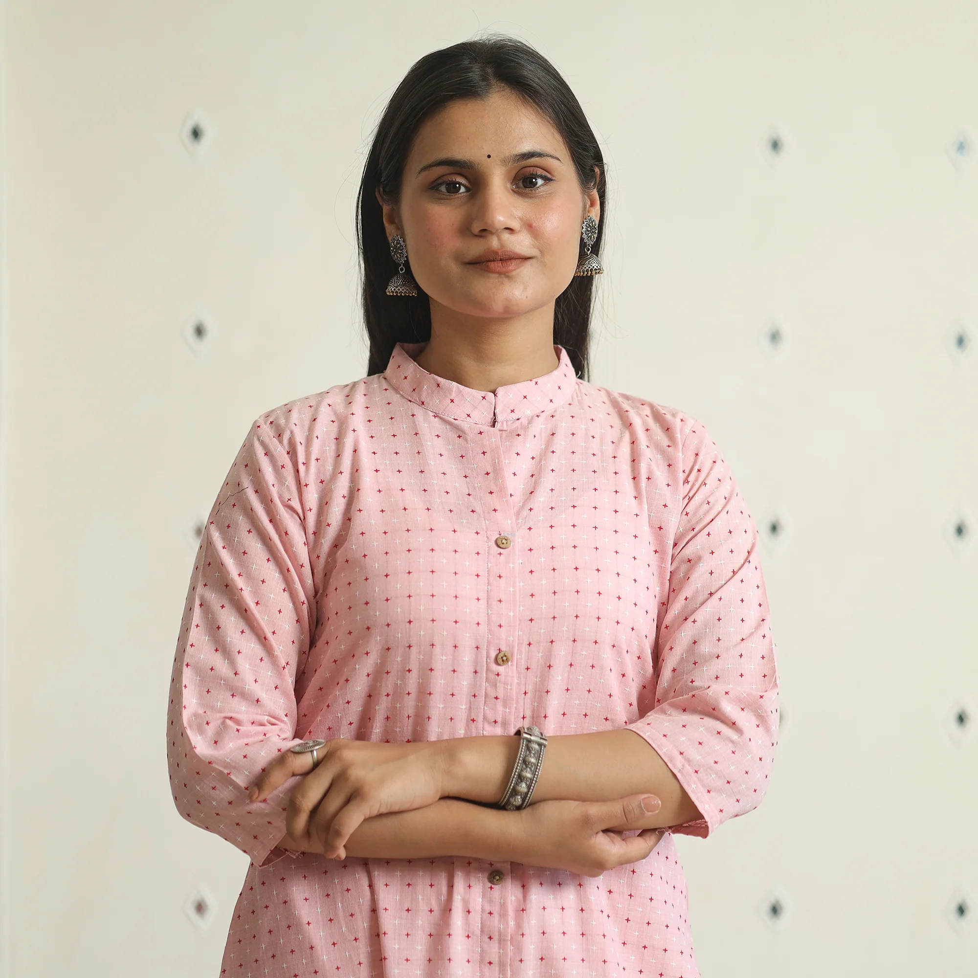 Pink - Jacquard Weave Cotton A-Line Kurta 06 - Image 4