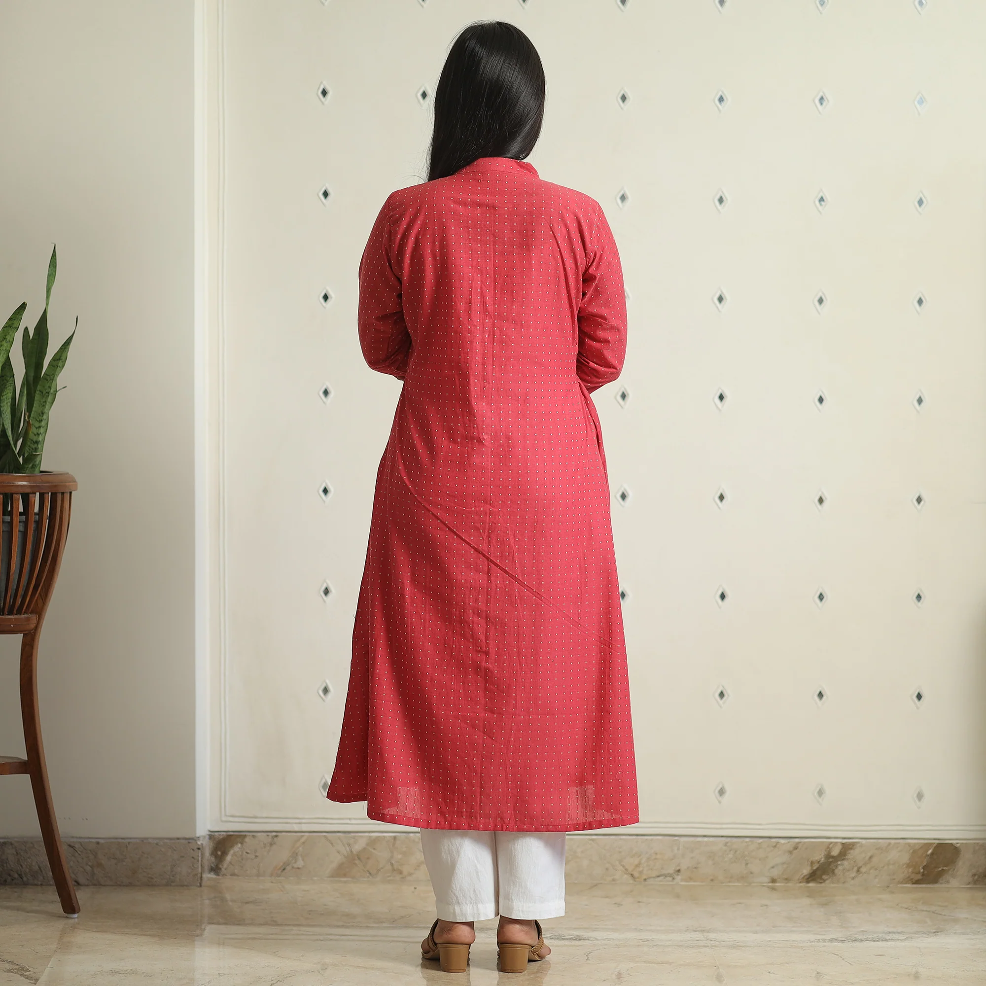 Red - Jacquard Weave Cotton A-Line Kurta 07 - Image 4