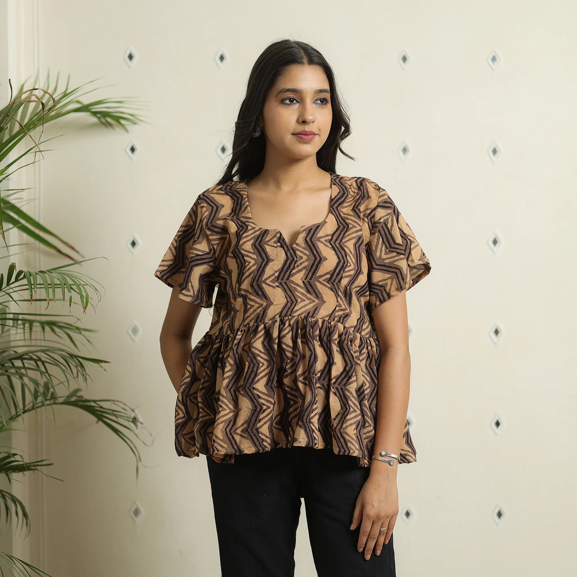 Brown - Ajrakh Block Printed Cotton Crop Top 01