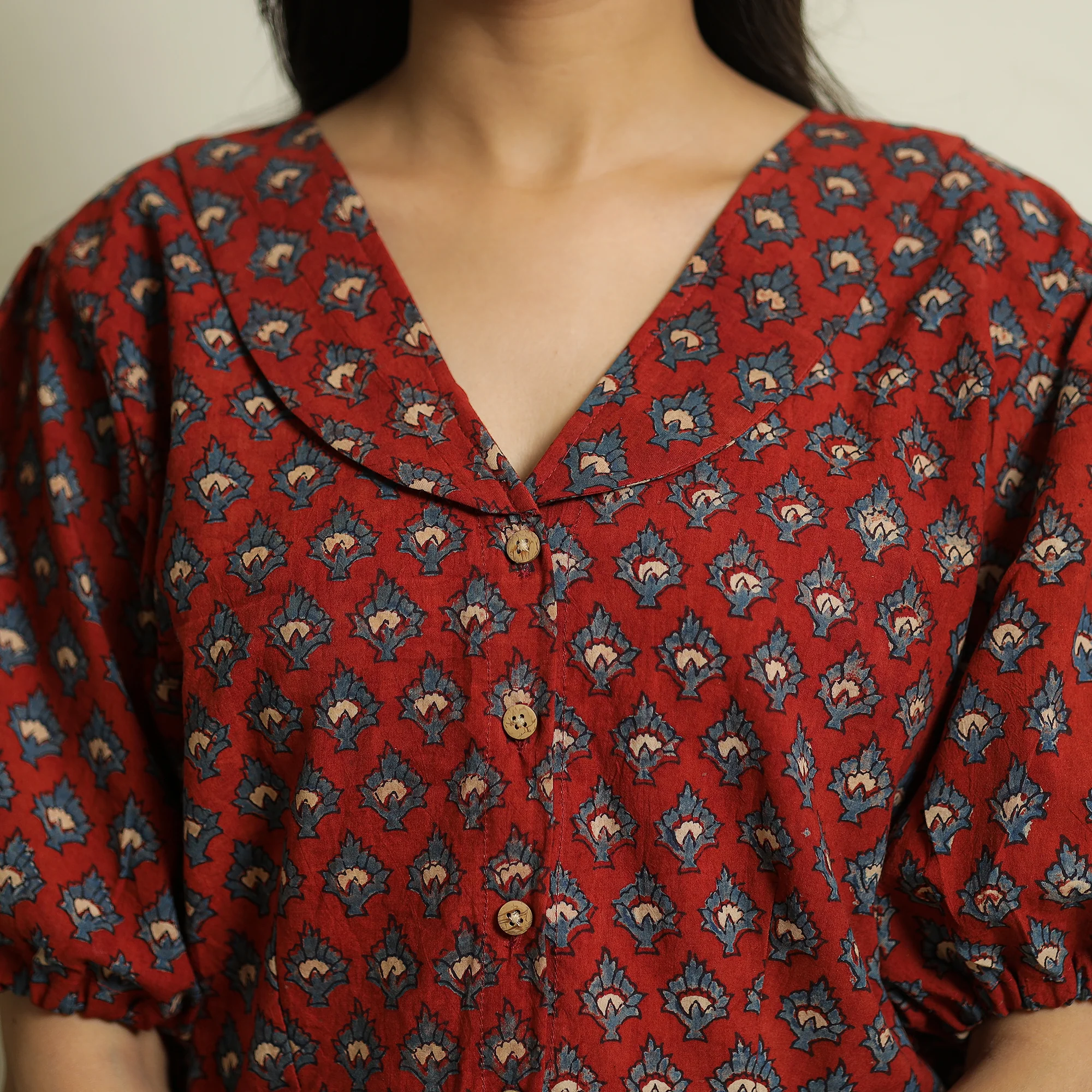 Red - Ajrakh Block Printed Cotton Crop Top 14 - Image 4