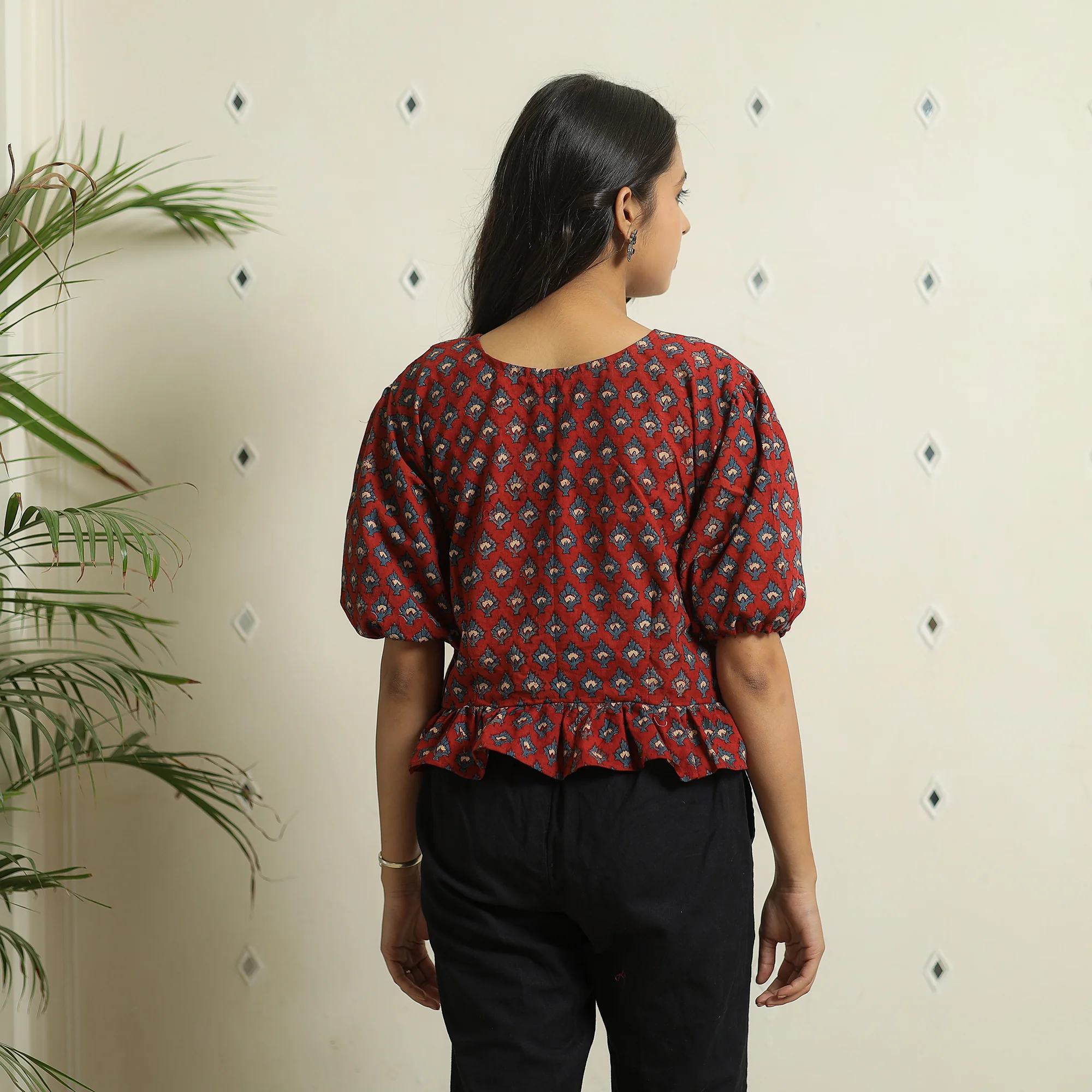 Red - Ajrakh Block Printed Cotton Crop Top 14 - Image 7