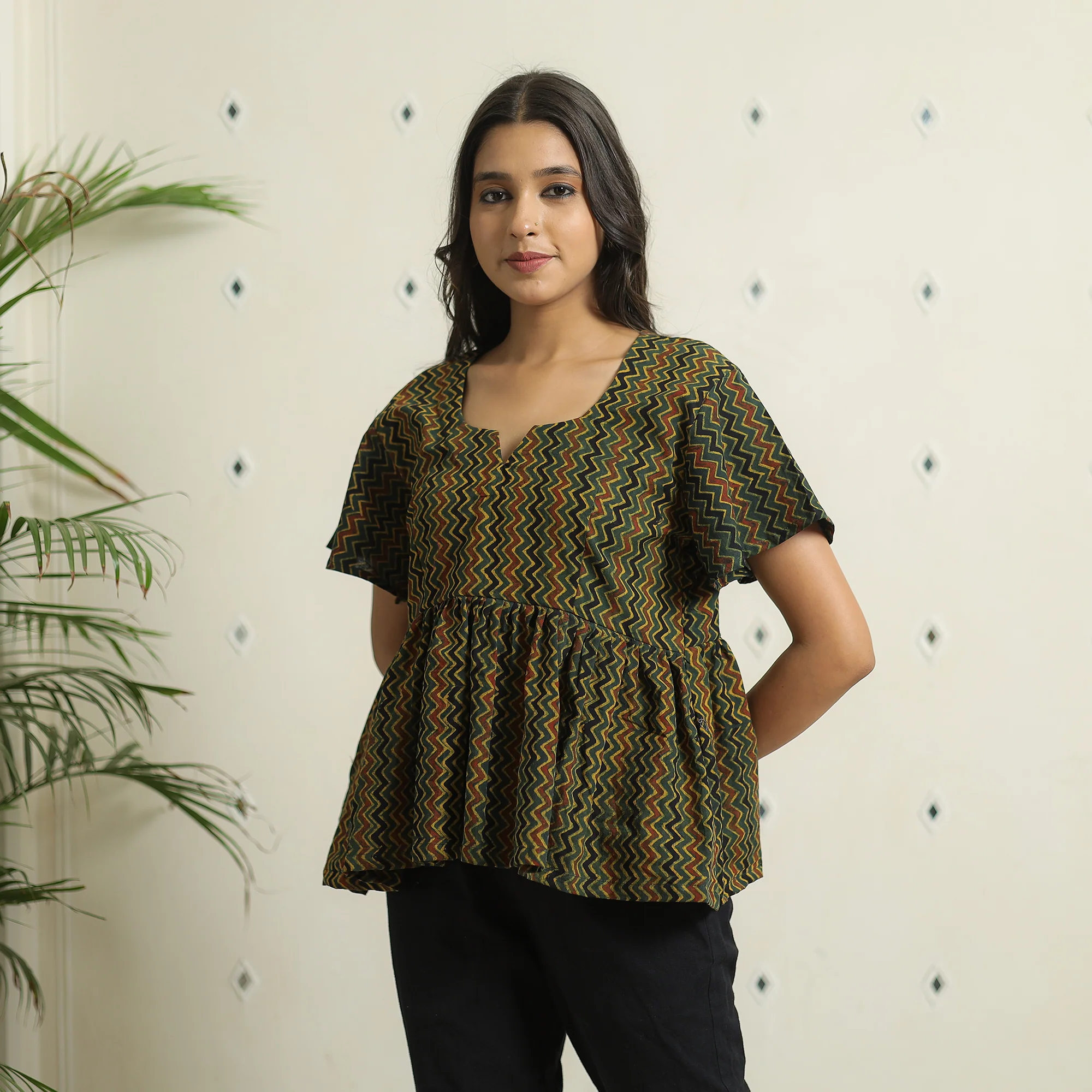 Green - Ajrakh Block Printed Cotton Crop Top 08 - Image 2