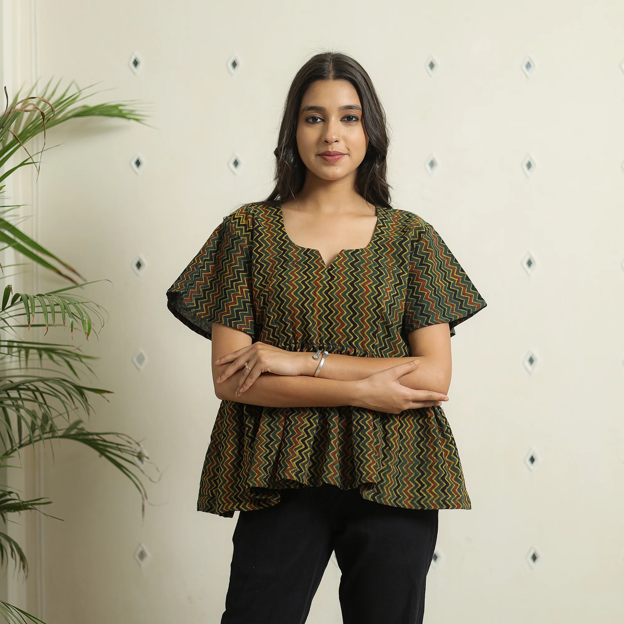 Green - Ajrakh Block Printed Cotton Crop Top 08 - Image 3