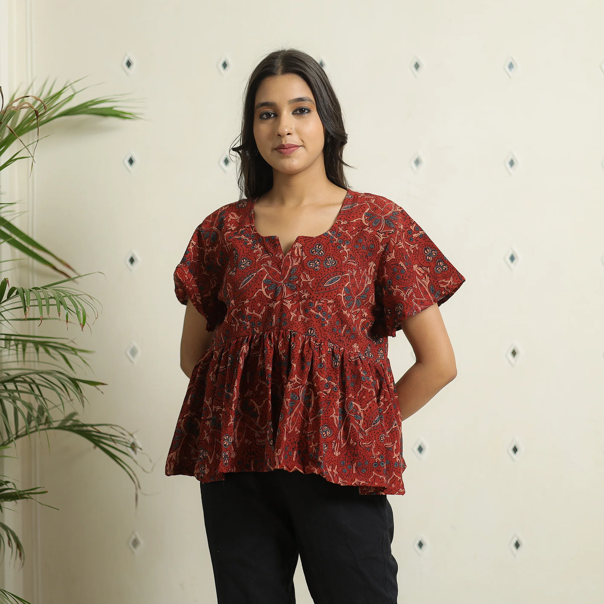 Red - Ajrakh Block Printed Cotton Crop Top 09 - Image 2