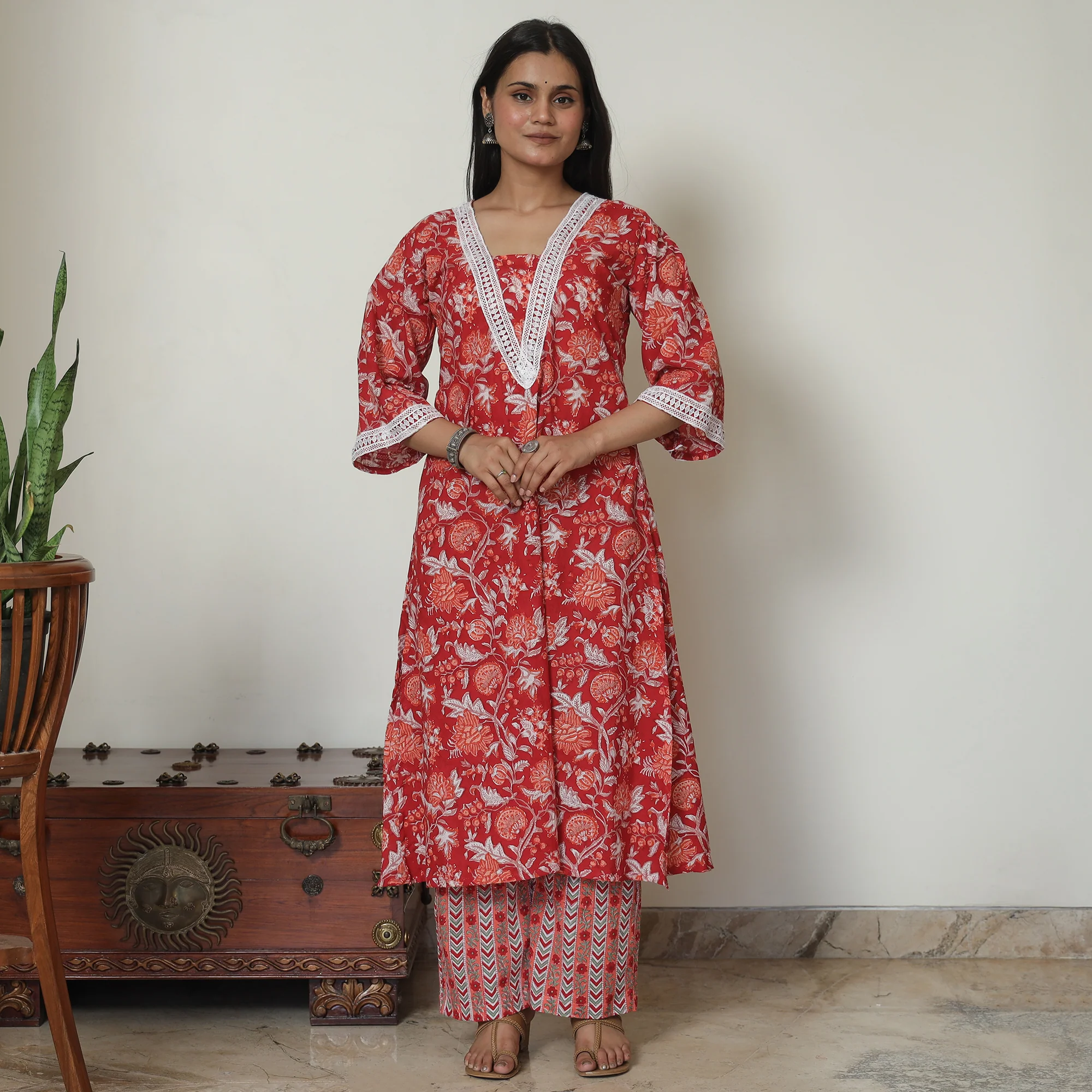 Red - Sanganeri Block Printed Cotton Kurta with Palazzo Set 12 - Image 2