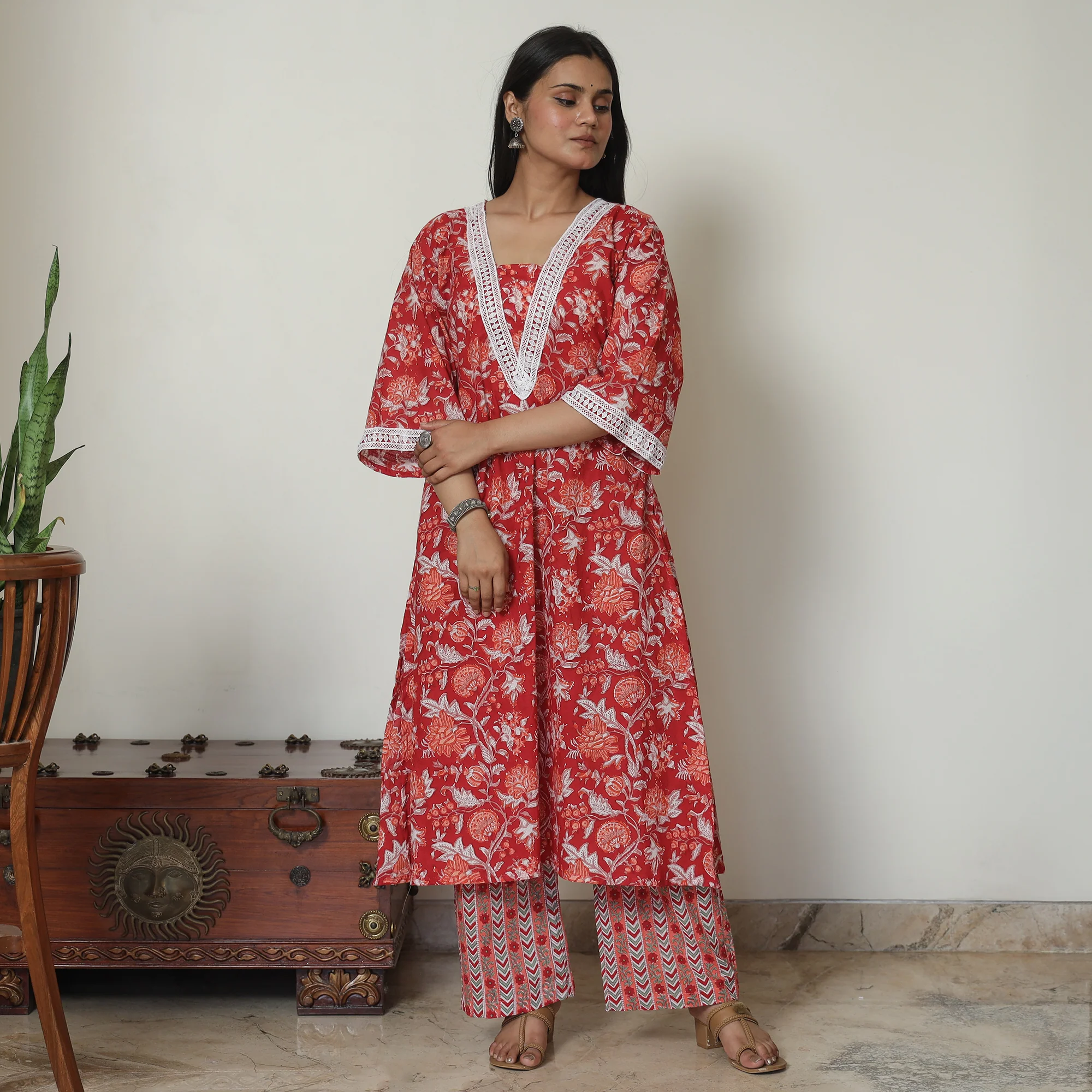 Red - Sanganeri Block Printed Cotton Kurta with Palazzo Set 12 - Image 3
