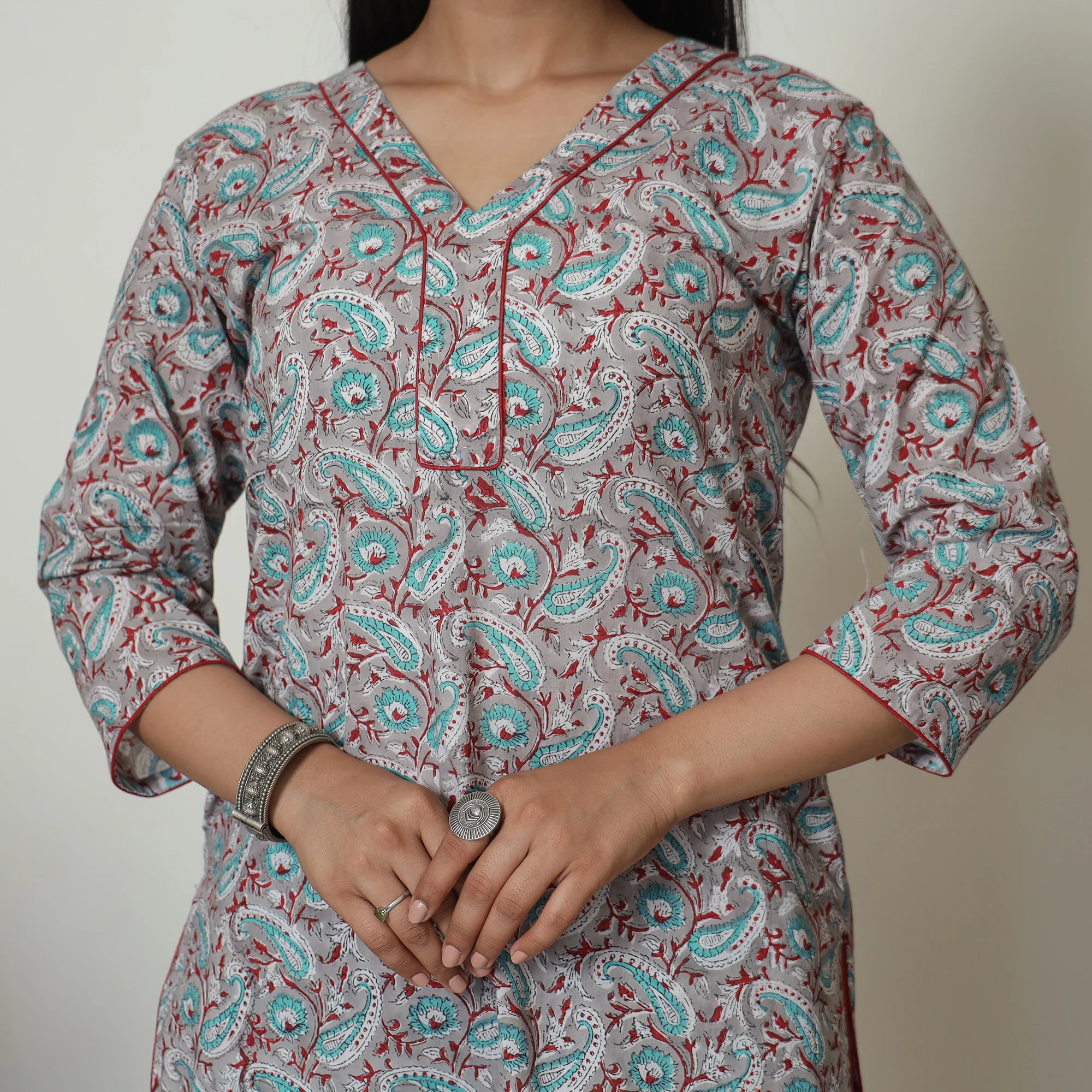 Grey - Sanganeri Block Printed Cotton Kurta with Palazzo Set 04 - Image 4