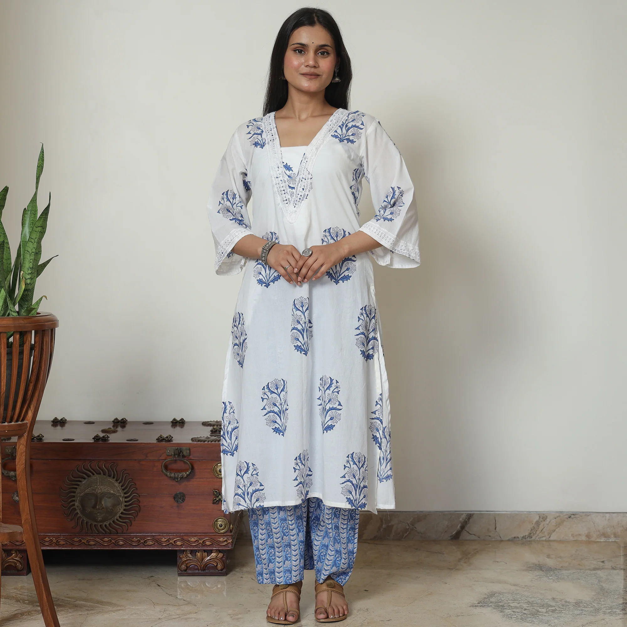 White - Sanganeri Block Printed Cotton Kurta with Palazzo Set 07 - Image 2
