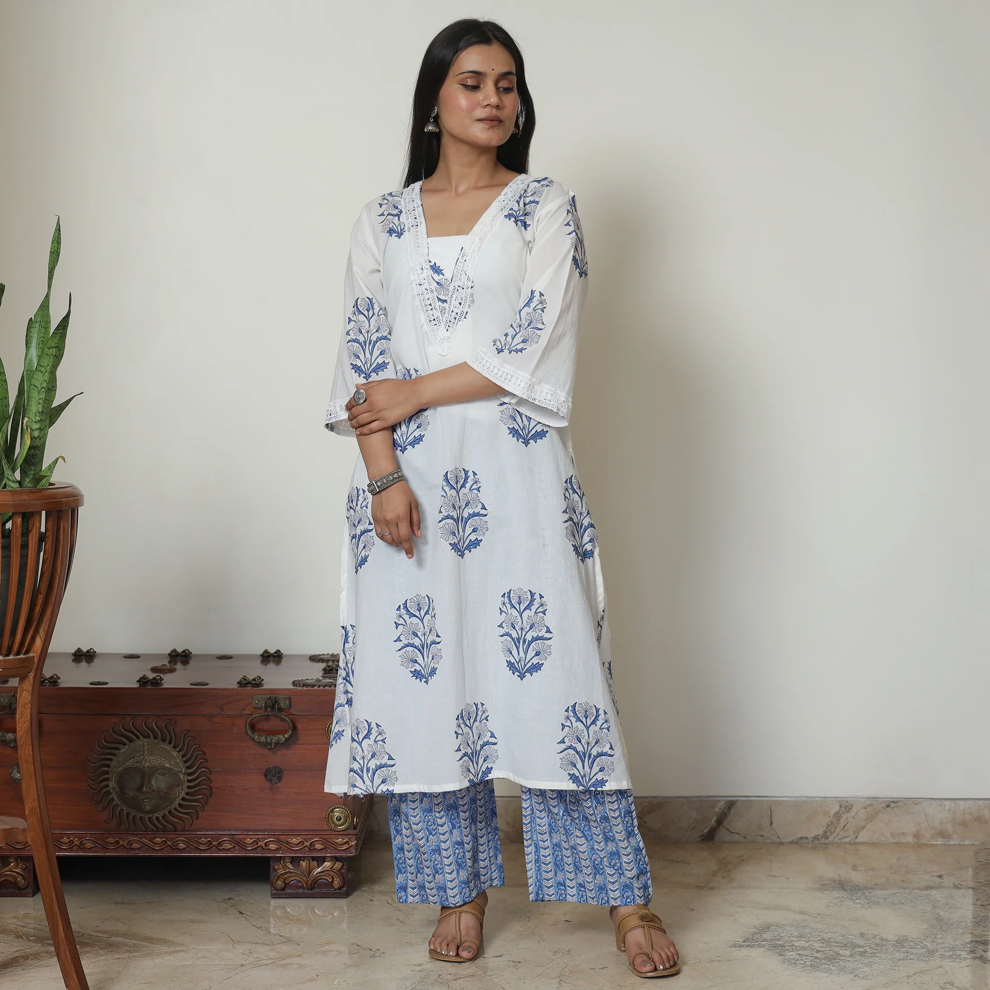 White - Sanganeri Block Printed Cotton Kurta with Palazzo Set 07 - Image 3
