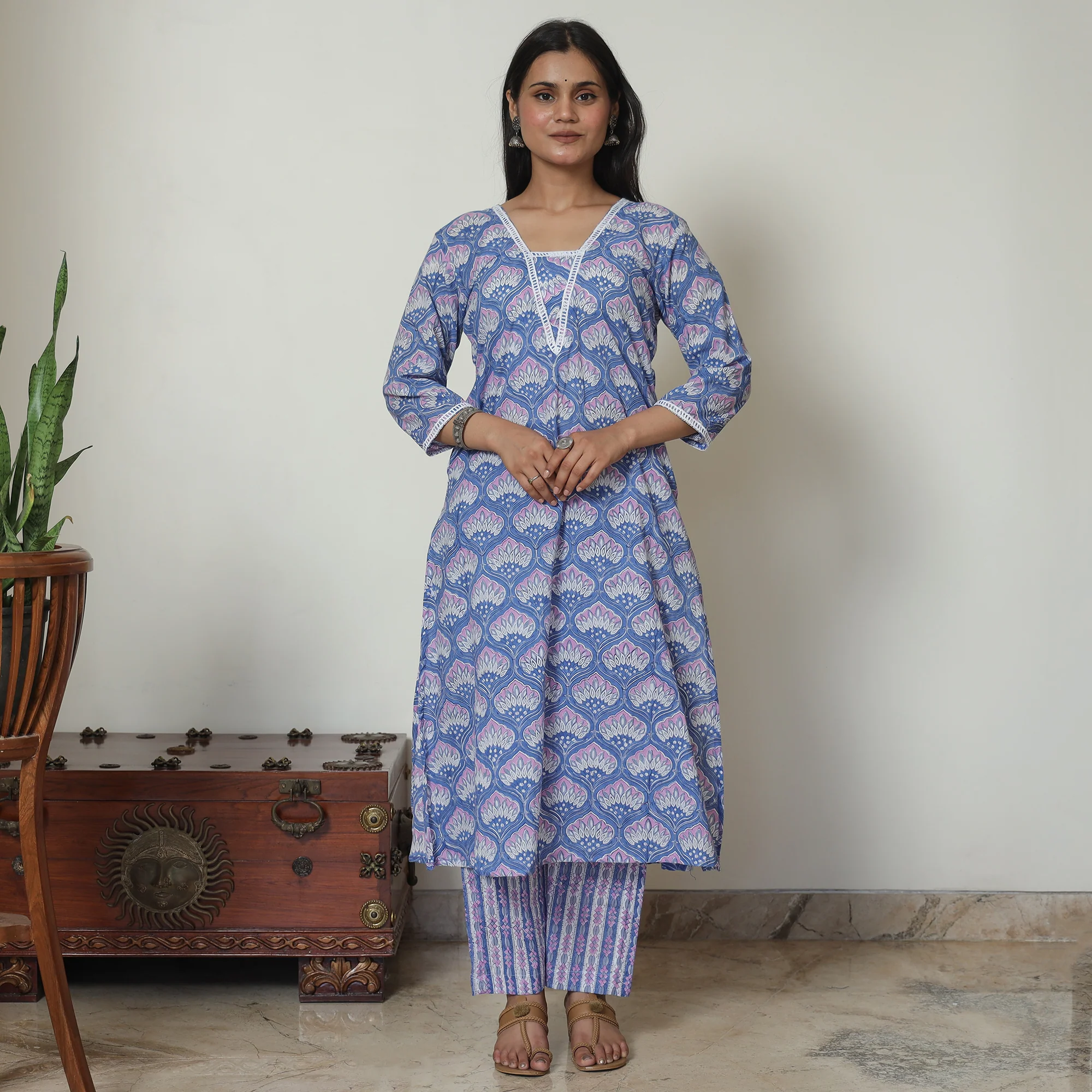 Blue - Sanganeri Block Printed Cotton Kurta with Palazzo Set 08 - Image 2