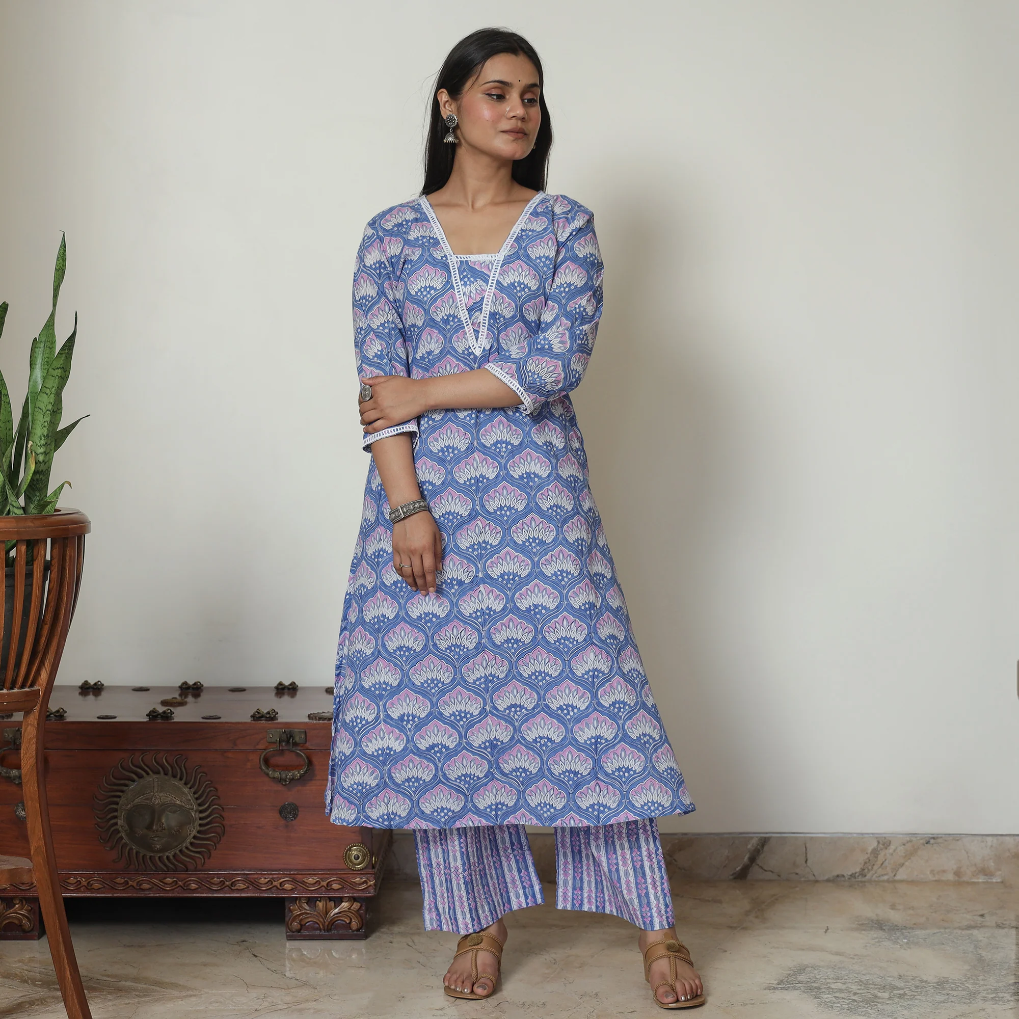Blue - Sanganeri Block Printed Cotton Kurta with Palazzo Set 08 - Image 3