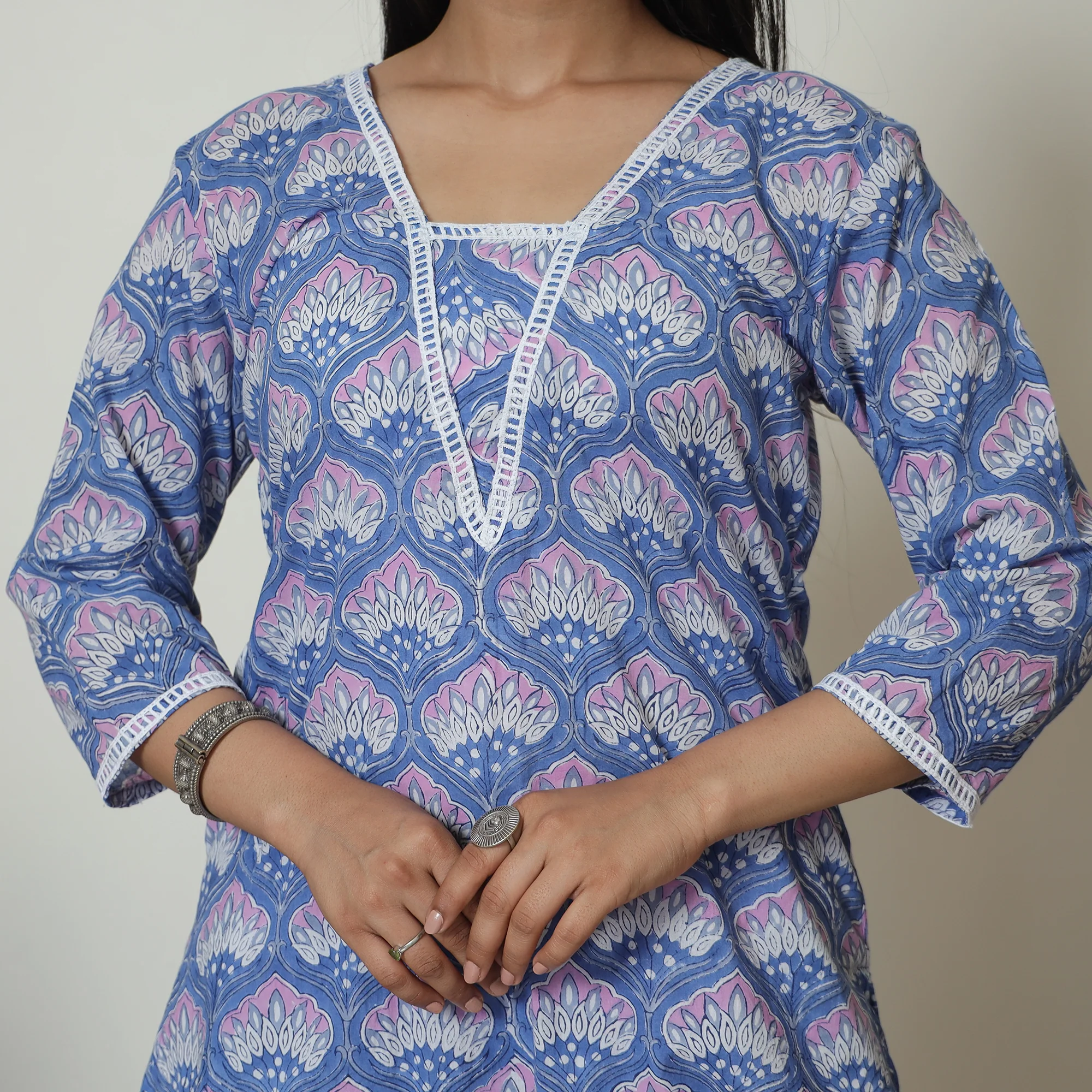 Blue - Sanganeri Block Printed Cotton Kurta with Palazzo Set 08 - Image 4
