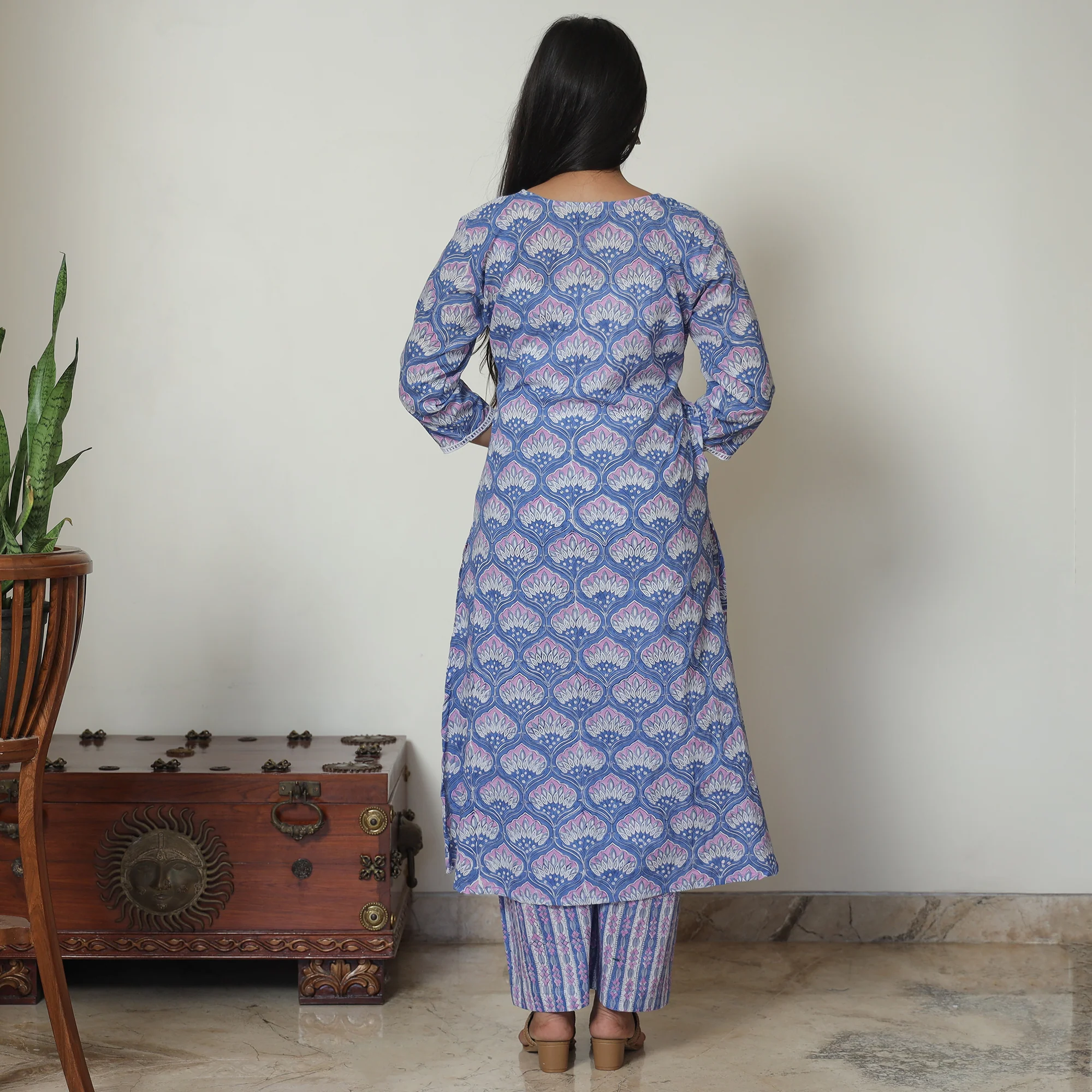 Blue - Sanganeri Block Printed Cotton Kurta with Palazzo Set 08 - Image 6