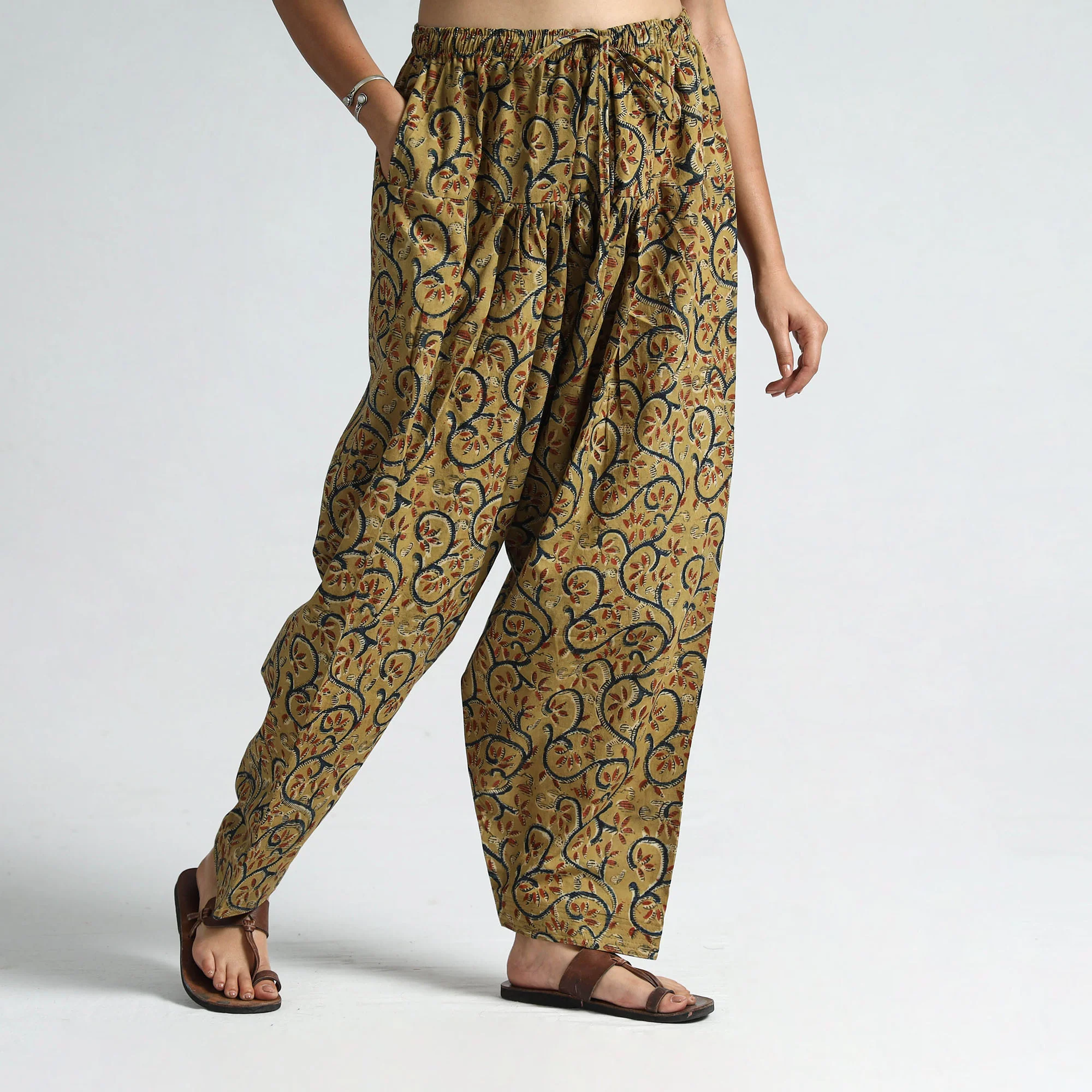 Yellow - Kalamkari Block Printed Cotton Elasticated Salwar 20