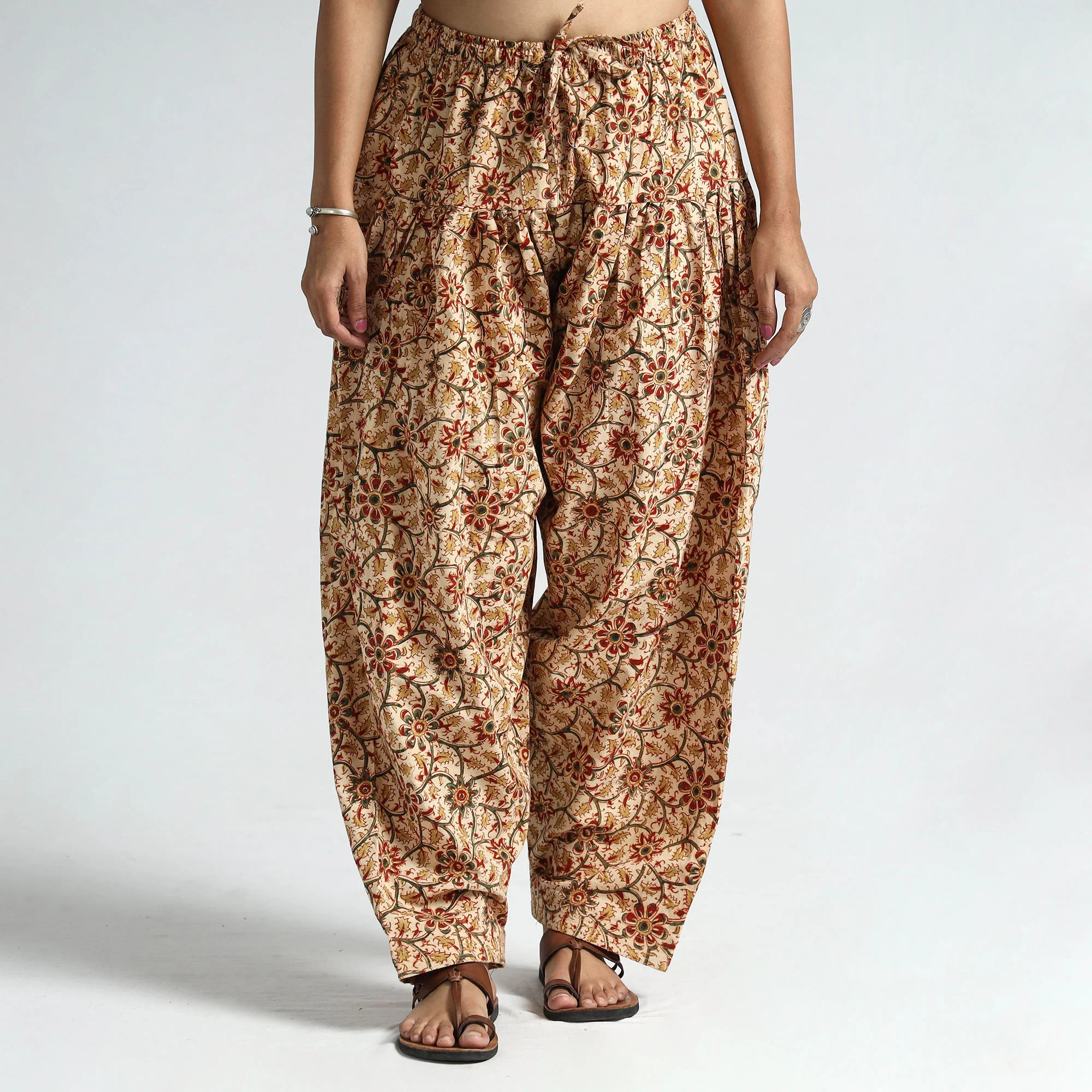 Beige - Pedana Kalamkari Block Printed Cotton Elasticated Salwar 25 - Image 2