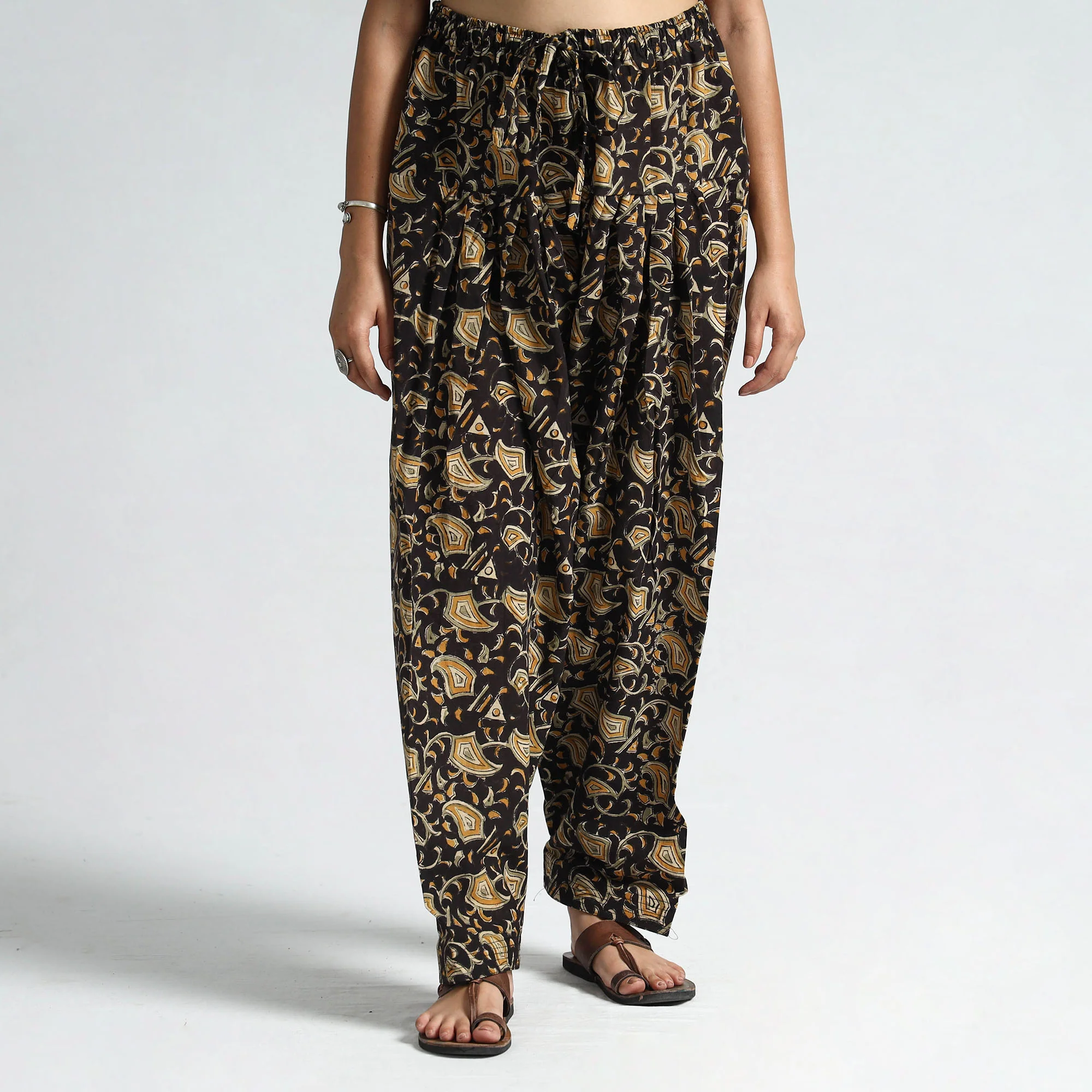 Black - Kalamkari Block Printed Cotton Elasticated Salwar 28 - Image 2