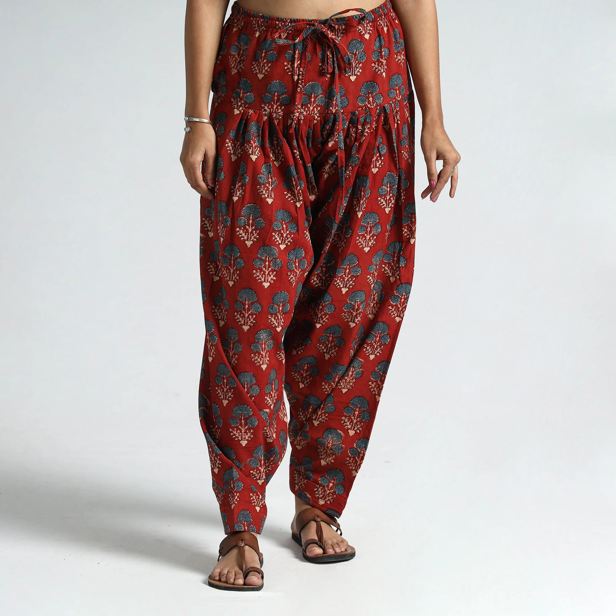 Red - Ajrakh Block Printed Cotton Elasticated Salwar 31 - Image 2