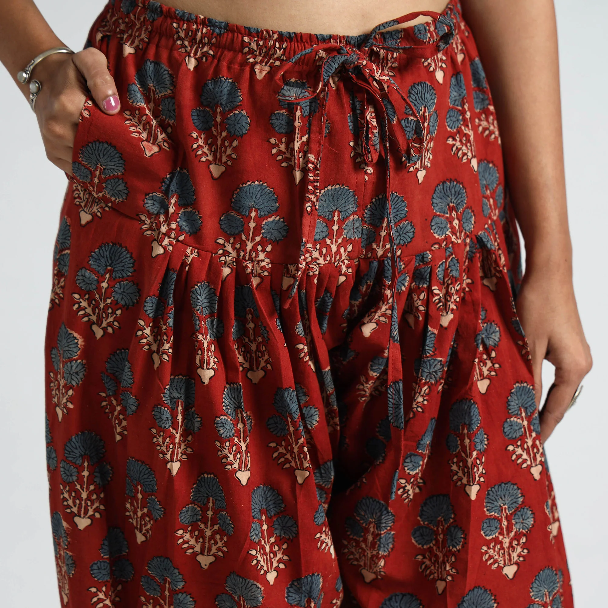 Red - Ajrakh Block Printed Cotton Elasticated Salwar 31 - Image 4