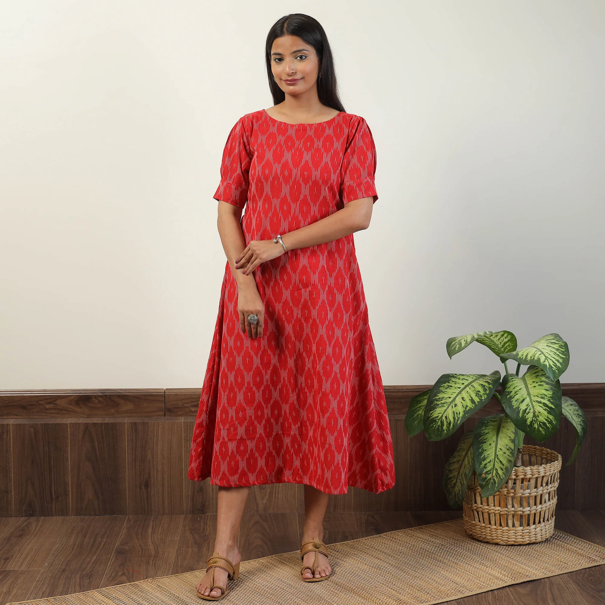 Red - Pochampally Ikat Weave Cotton Dress 03